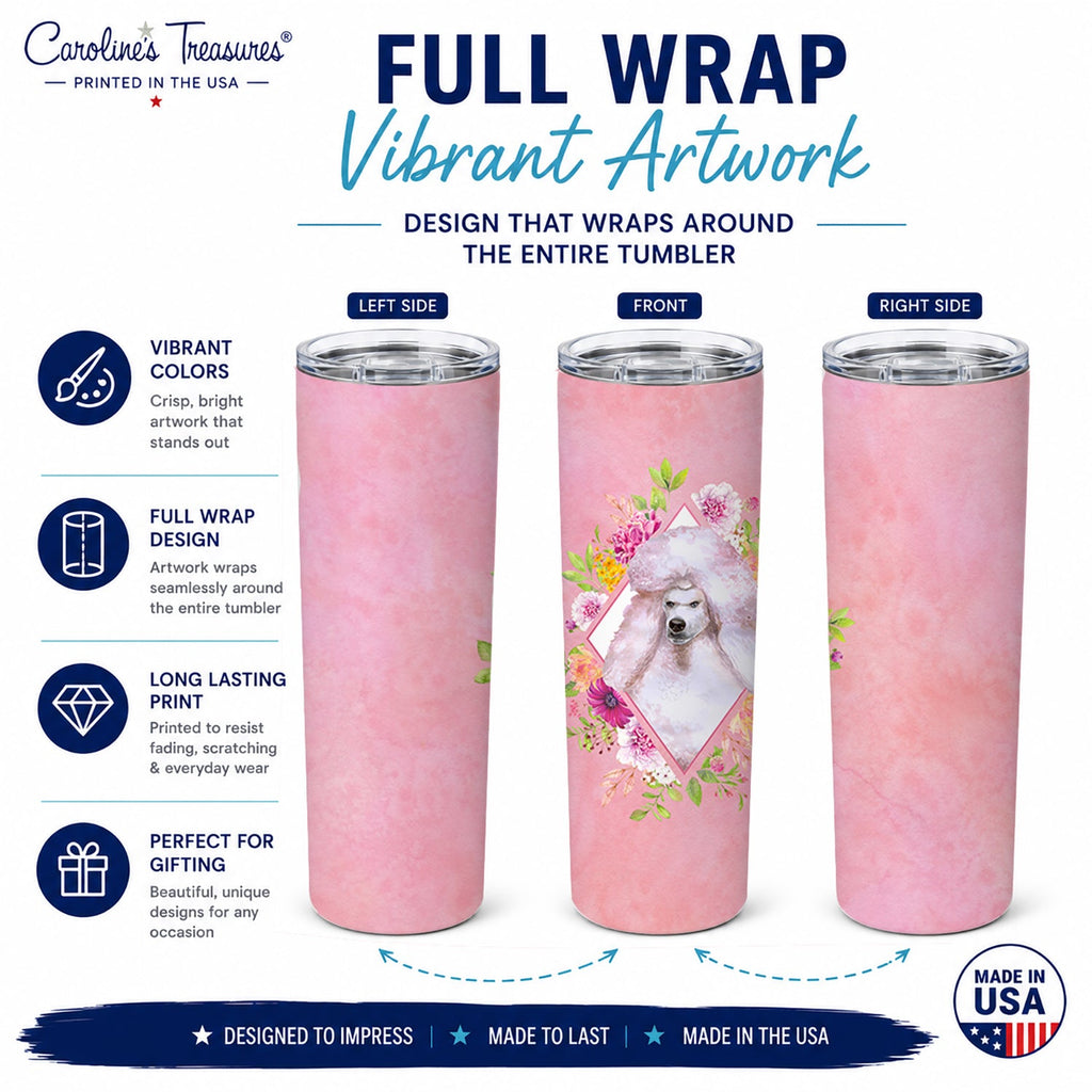 Standard White Poodle Pink Flowers Stainless Steel Skinny Tumbler 20 oz Vacuum Double Walled Reusable Insulated Travel Cup