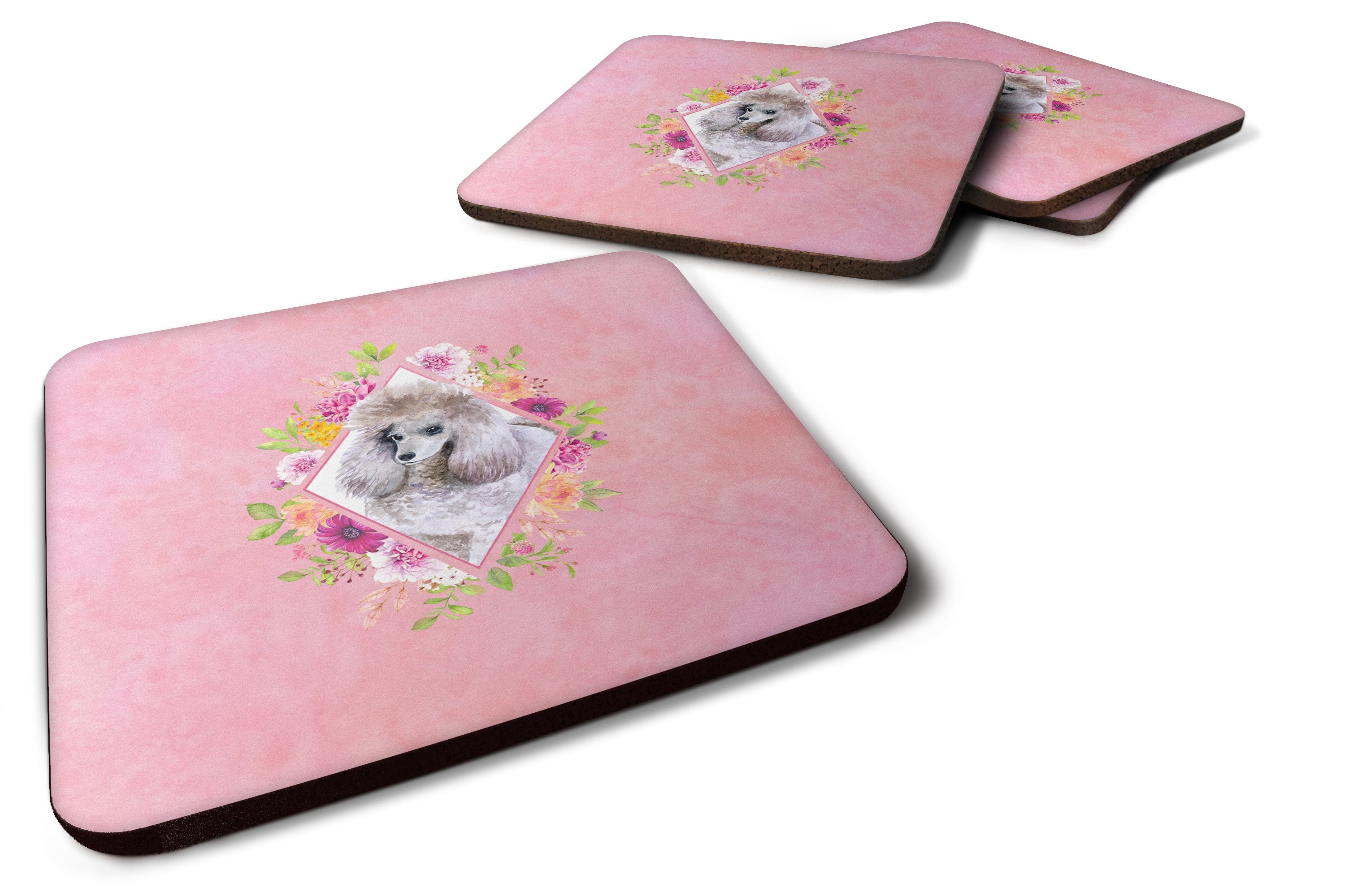 Standard Grey Poodle Pink Flowers Foam Coasters Set of 4 Cup Coasters for Indoor Outdoor, Tabletop Protection, Anti Slip, Mouse pad Material