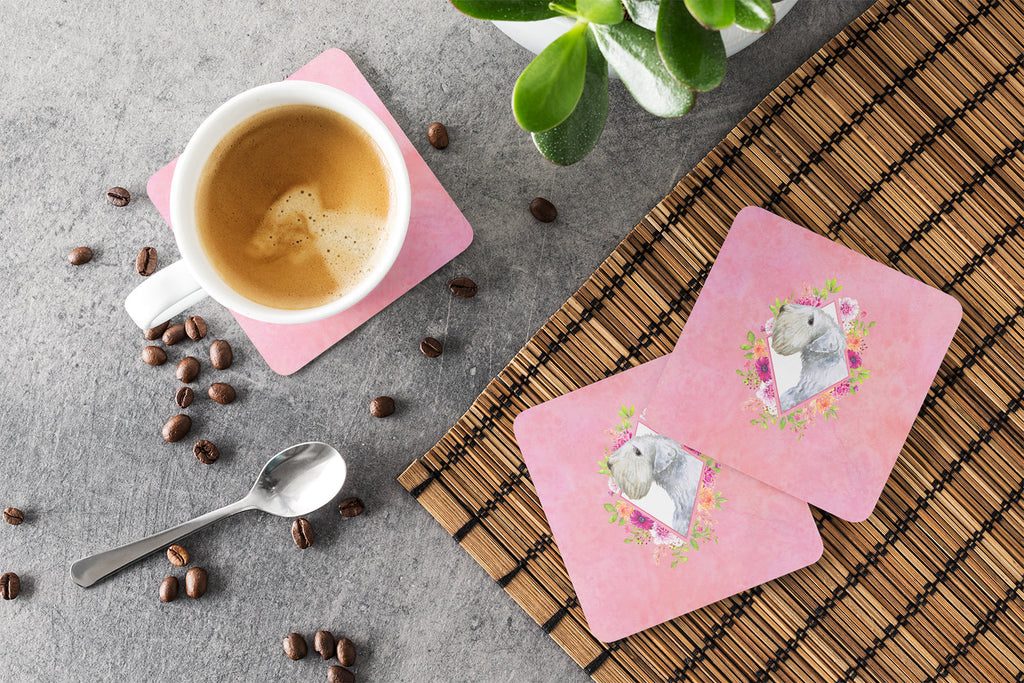 Sealyham Terrier Pink Flowers Foam Coasters Set of 4 Cup Coasters for Indoor Outdoor, Tabletop Protection, Anti Slip, Mouse pad Material