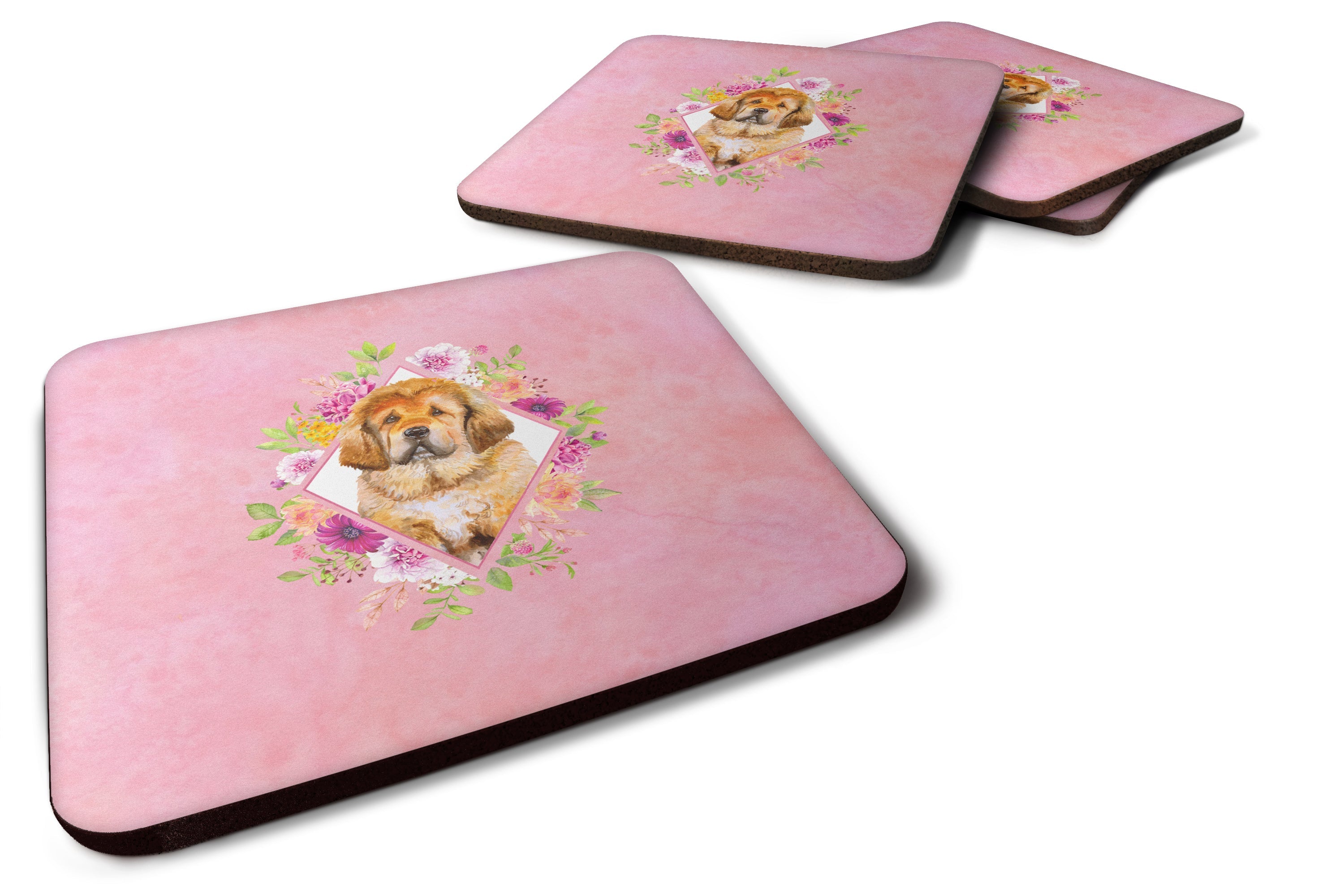 Tibetian Mastiff Puppy Pink Flowers Foam Coasters Set of 4 Cup Coasters for Indoor Outdoor, Tabletop Protection, Anti Slip, Mouse pad Material
