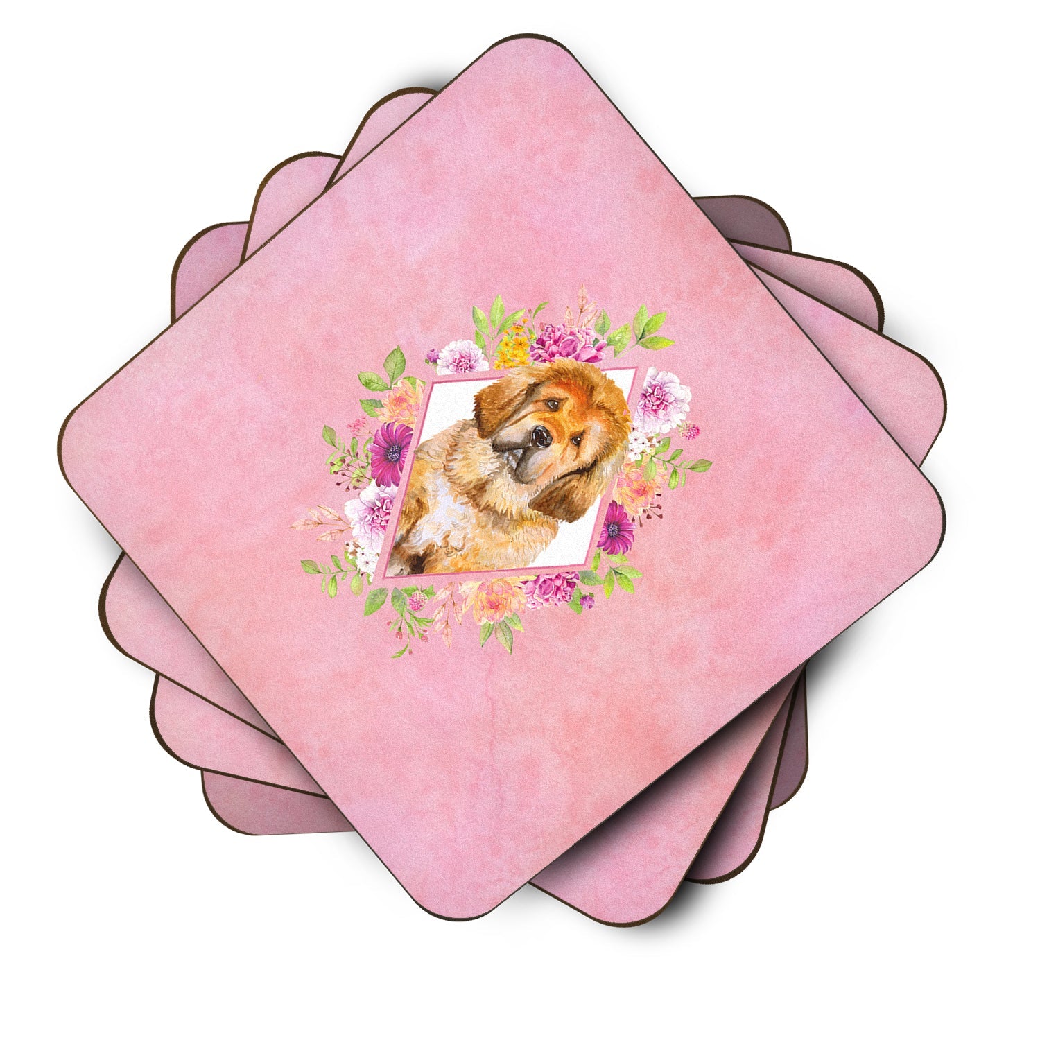 Tibetian Mastiff Puppy Pink Flowers Foam Coasters Set of 4 Cup Coasters for Indoor Outdoor, Tabletop Protection, Anti Slip, Mouse pad Material