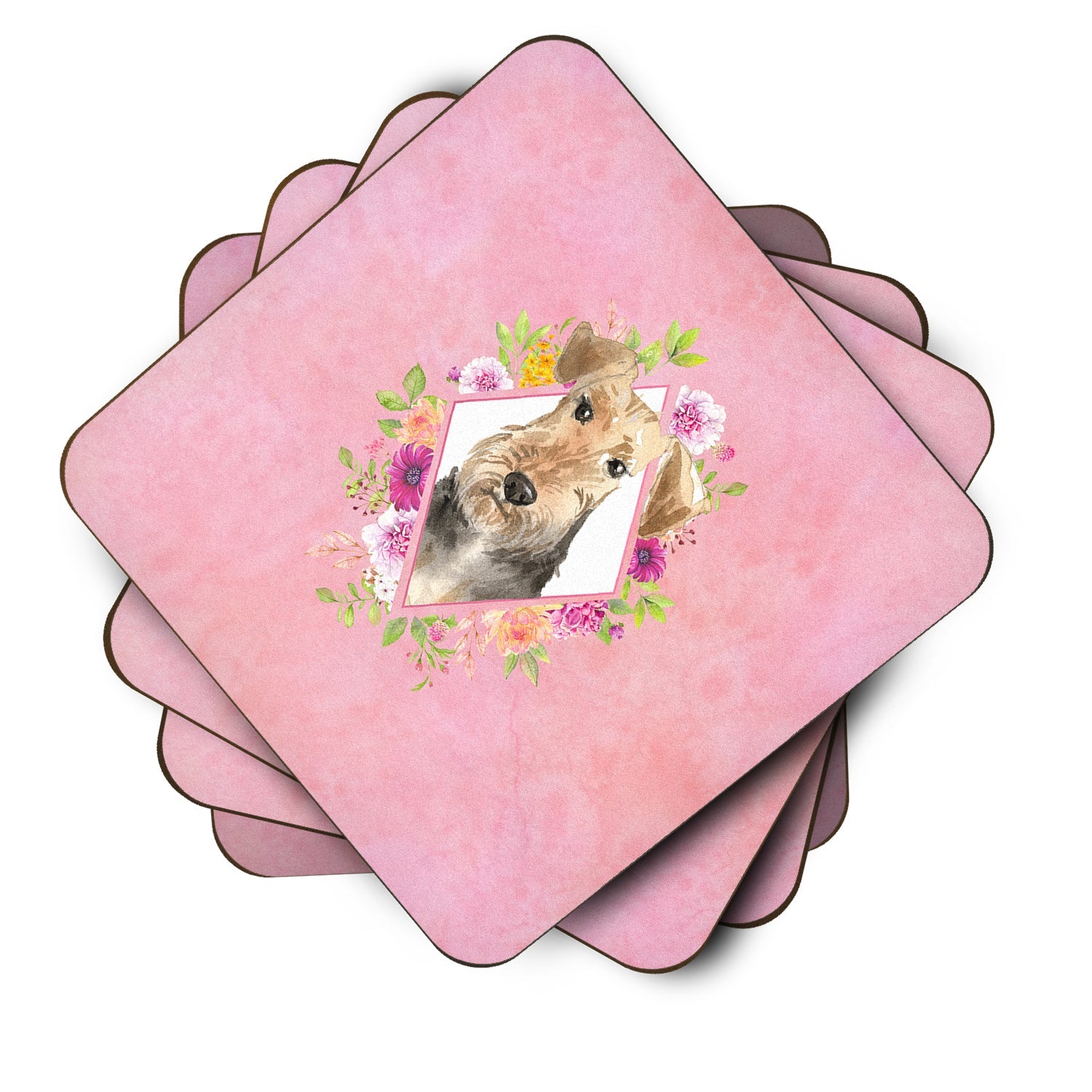 Airedale Terrier Pink Flowers Foam Coasters Set of 4 Cup Coasters for Indoor Outdoor, Tabletop Protection, Anti Slip, Mouse pad Material