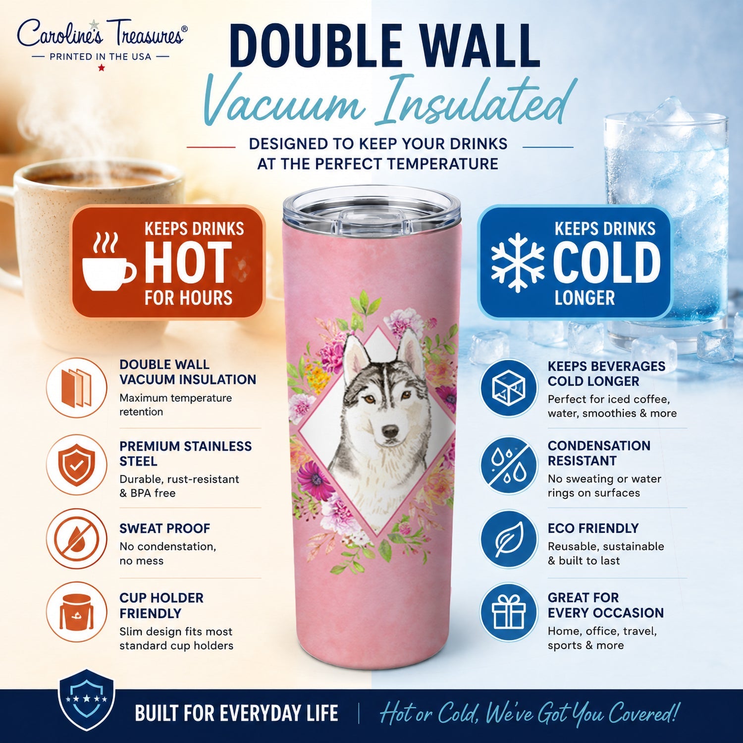 Siberian Husky Pink Flowers Stainless Steel Skinny Tumbler 20 oz Vacuum Double Walled Reusable Insulated Travel Cup