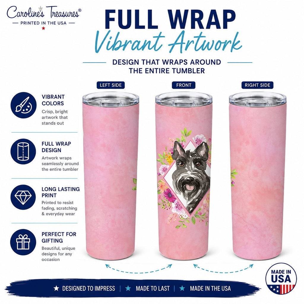Scottish Terrier Pink Flowers Stainless Steel Skinny Tumbler 20 oz Vacuum Double Walled Reusable Insulated Travel Cup