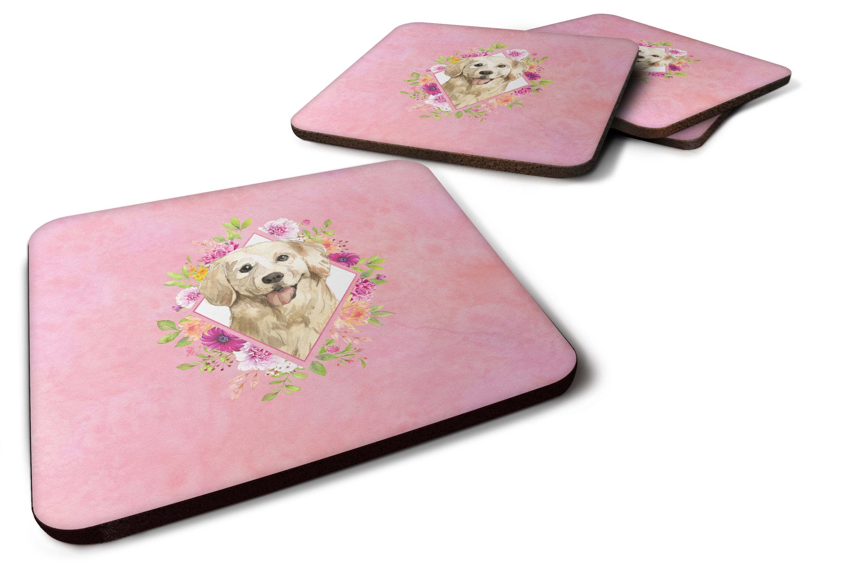 Golden Retriever Pink Flowers Foam Coasters Set of 4 Cup Coasters for Indoor Outdoor, Tabletop Protection, Anti Slip, Mouse pad Material