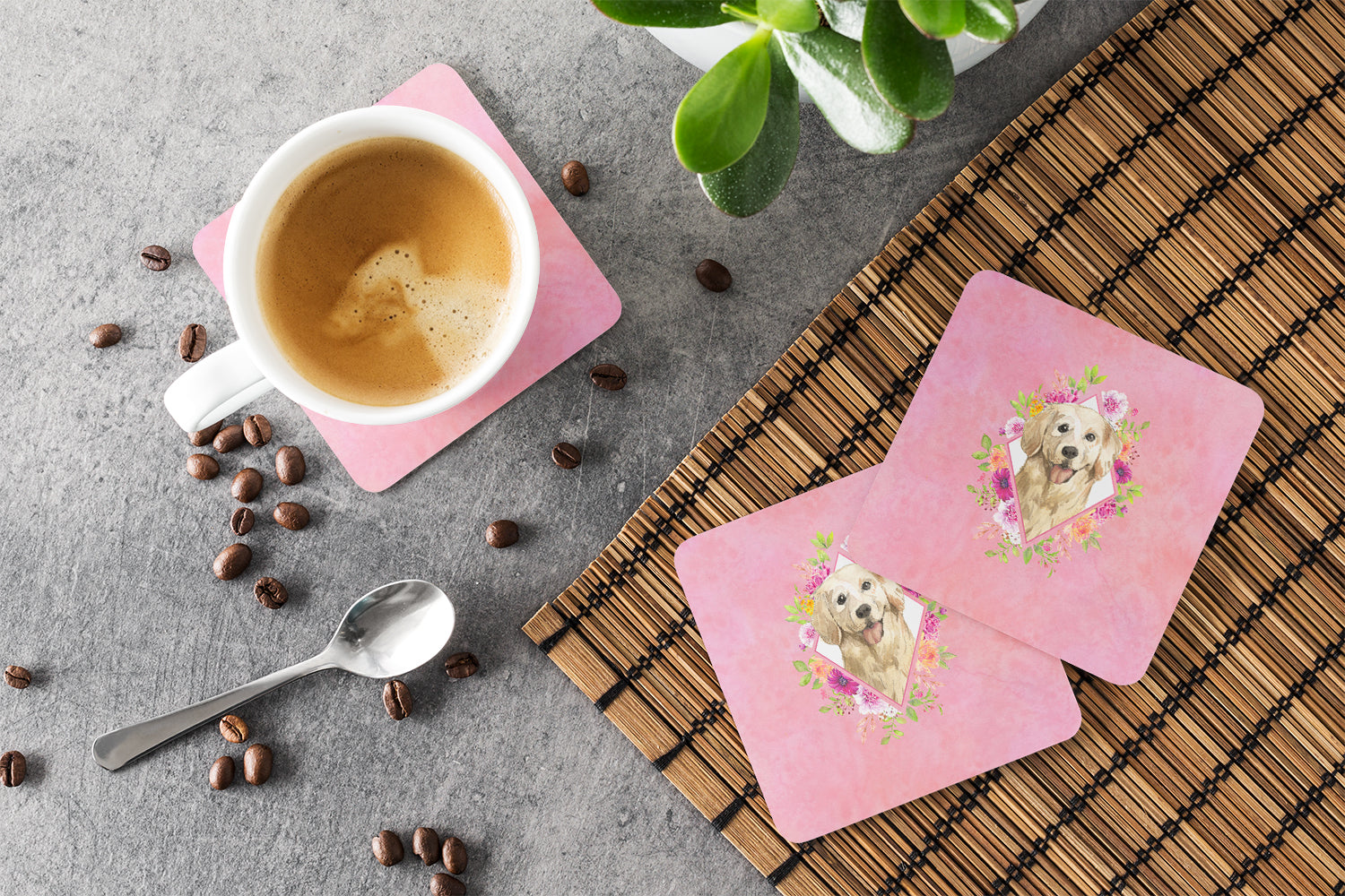 Golden Retriever Pink Flowers Foam Coasters Set of 4 Cup Coasters for Indoor Outdoor, Tabletop Protection, Anti Slip, Mouse pad Material