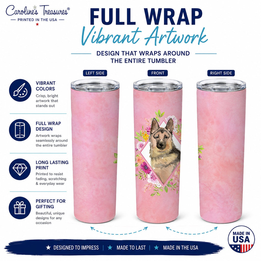 German Shepherd Pink Flowers Stainless Steel Skinny Tumbler 20 oz Vacuum Double Walled Reusable Insulated Travel Cup
