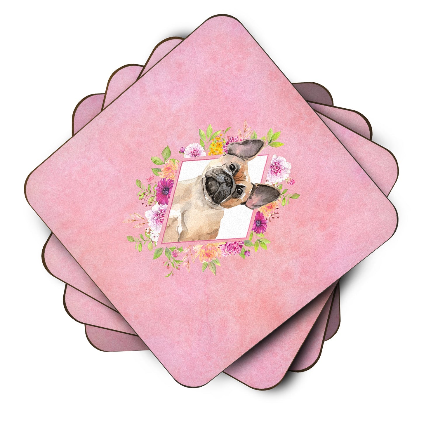 Fawn French Bulldog Pink Flowers Foam Coasters Set of 4 Cup Coasters for Indoor Outdoor, Tabletop Protection, Anti Slip, Mouse pad Material