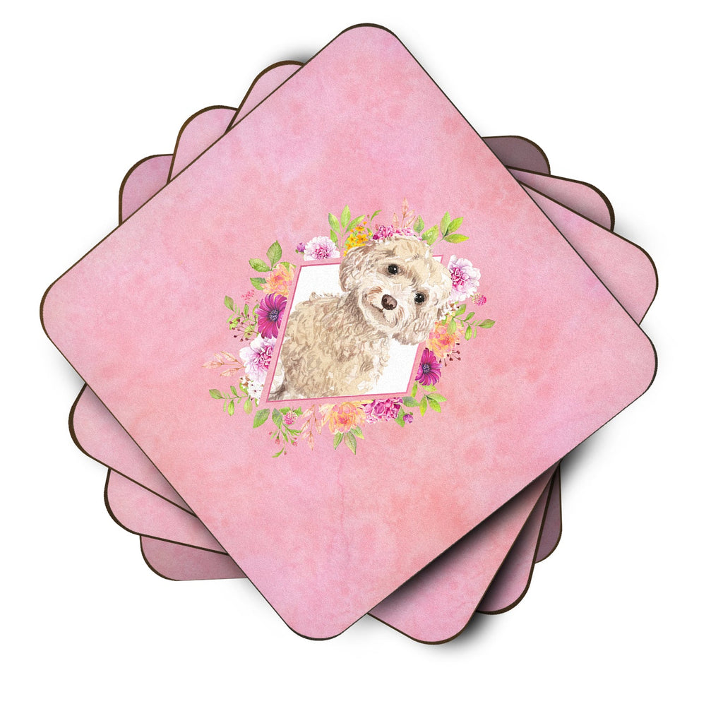 Champagne Cockapoo Pink Flowers Foam Coasters Set of 4 Cup Coasters for Indoor Outdoor, Tabletop Protection, Anti Slip, Mouse pad Material
