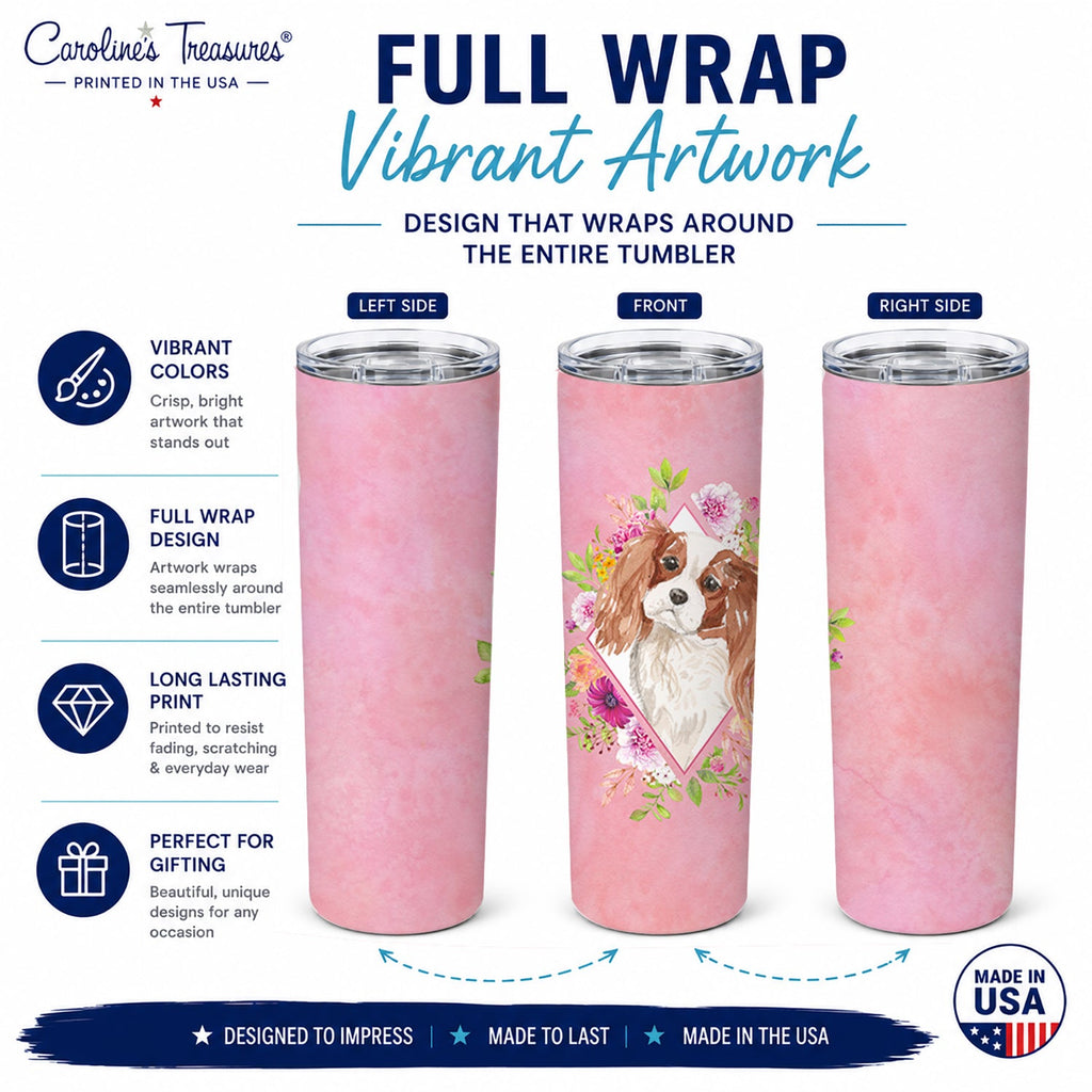 Blenheim Cavalier Spaniel Pink Flowers Stainless Steel Skinny Tumbler 20 oz Vacuum Double Walled Reusable Insulated Travel Cup