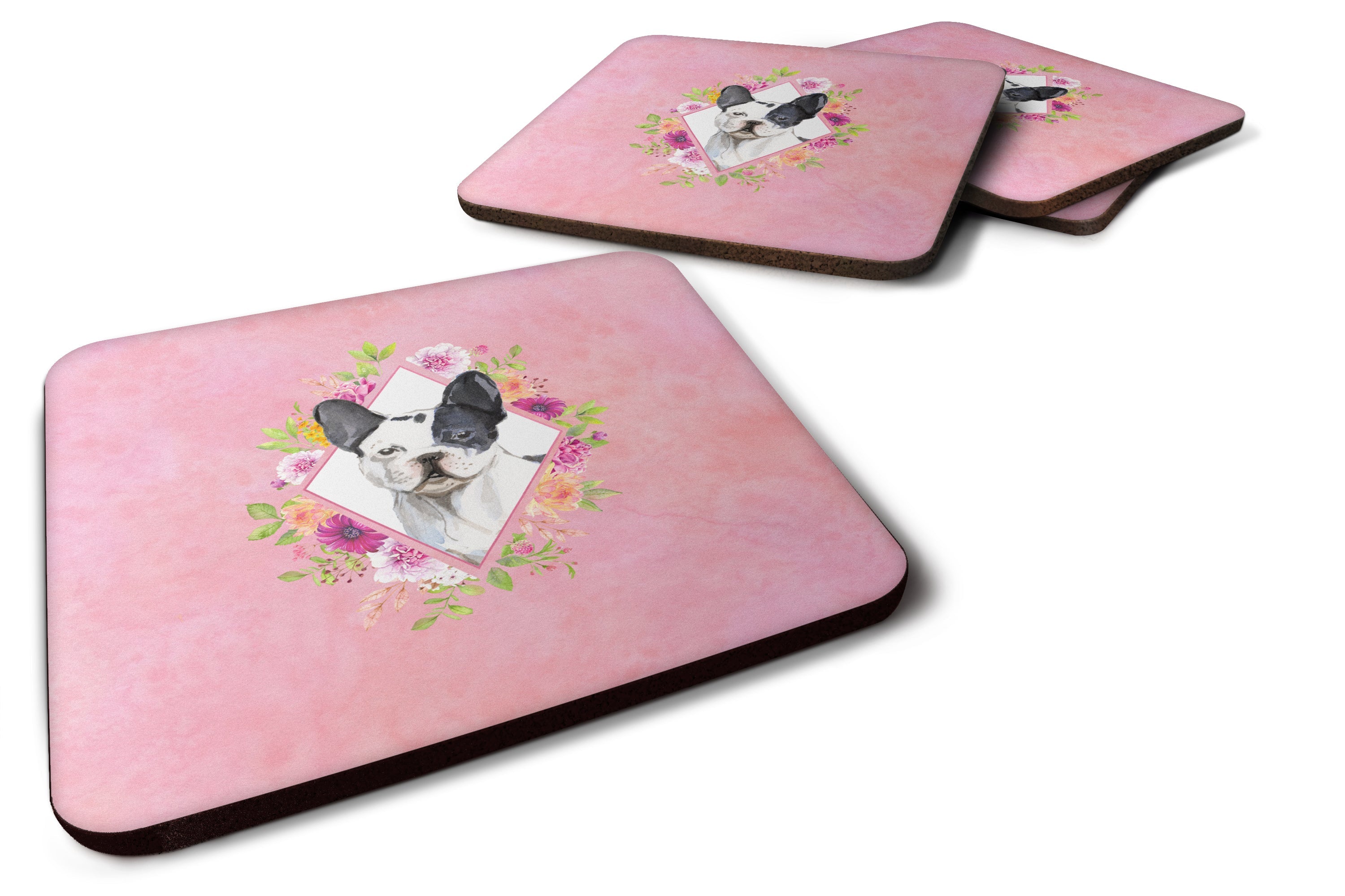 Black and White Frenchie Pink Flowers Foam Coasters Set of 4 Cup Coasters for Indoor Outdoor, Tabletop Protection, Anti Slip, Mouse pad Material
