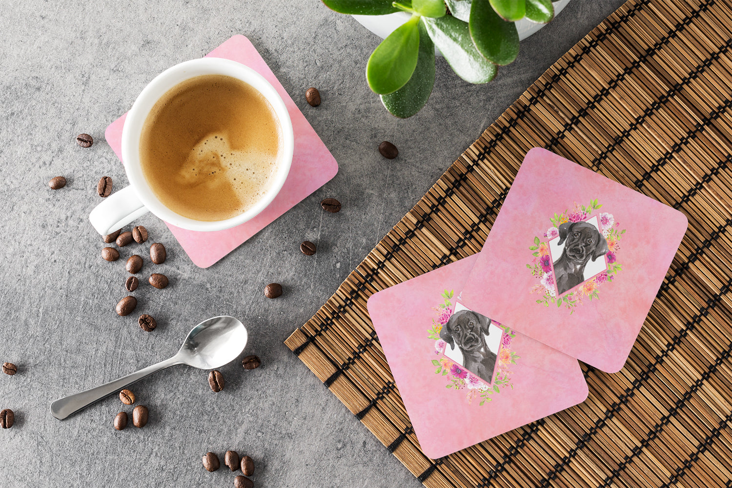 Black Labrador Pink Flowers Foam Coasters Set of 4 Cup Coasters for Indoor Outdoor, Tabletop Protection, Anti Slip, Mouse pad Material