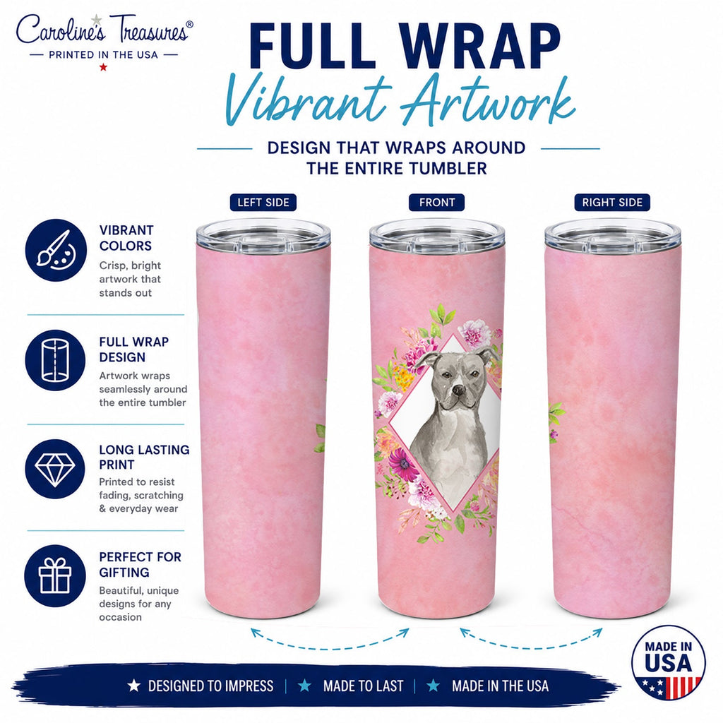 Blue Pit Bull Terrier Pink Flowers Stainless Steel Skinny Tumbler 20 oz Vacuum Double Walled Reusable Insulated Travel Cup