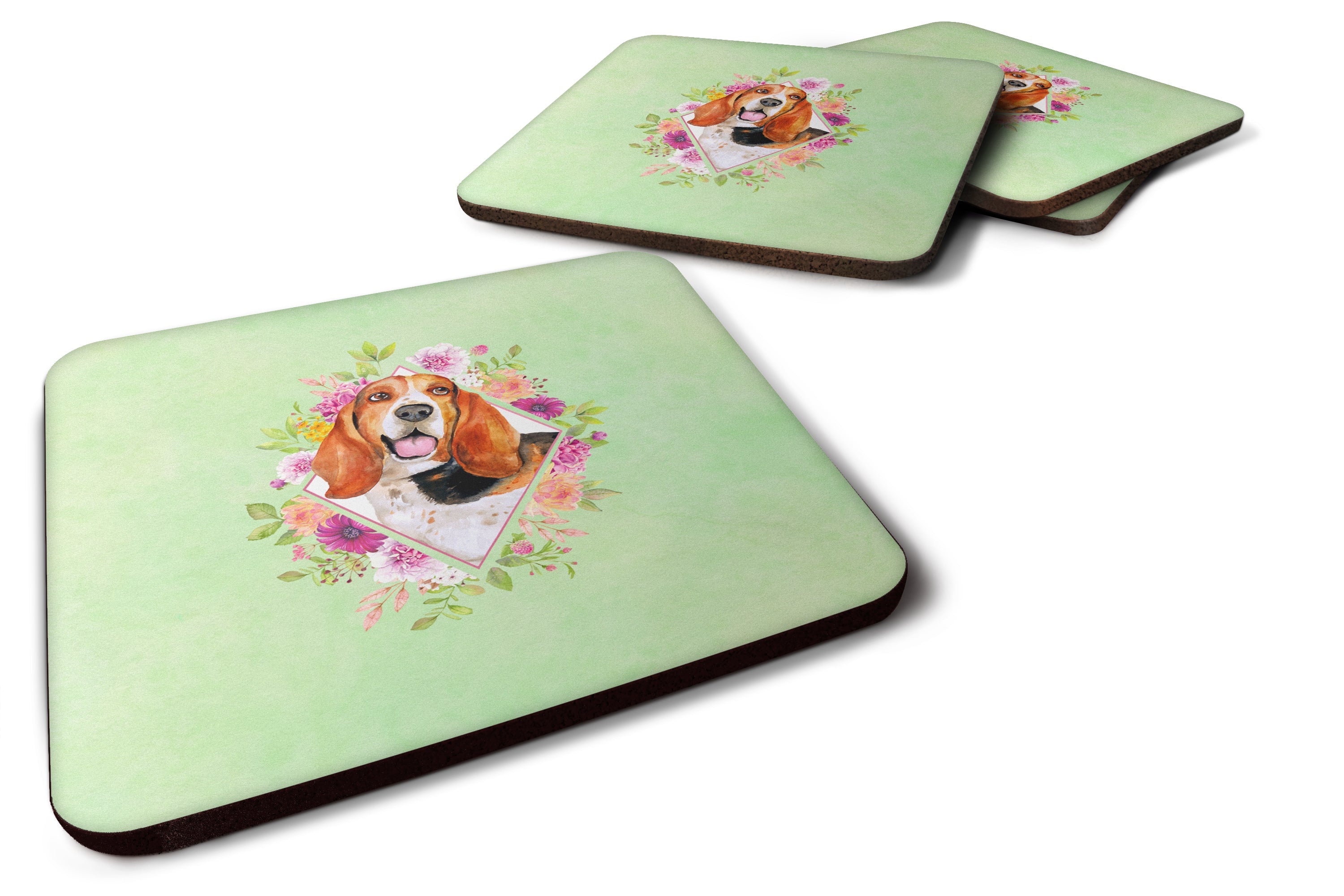 Basset Hound Green Flowers Foam Coasters Set of 4 Cup Coasters for Indoor Outdoor, Tabletop Protection, Anti Slip, Mouse pad Material