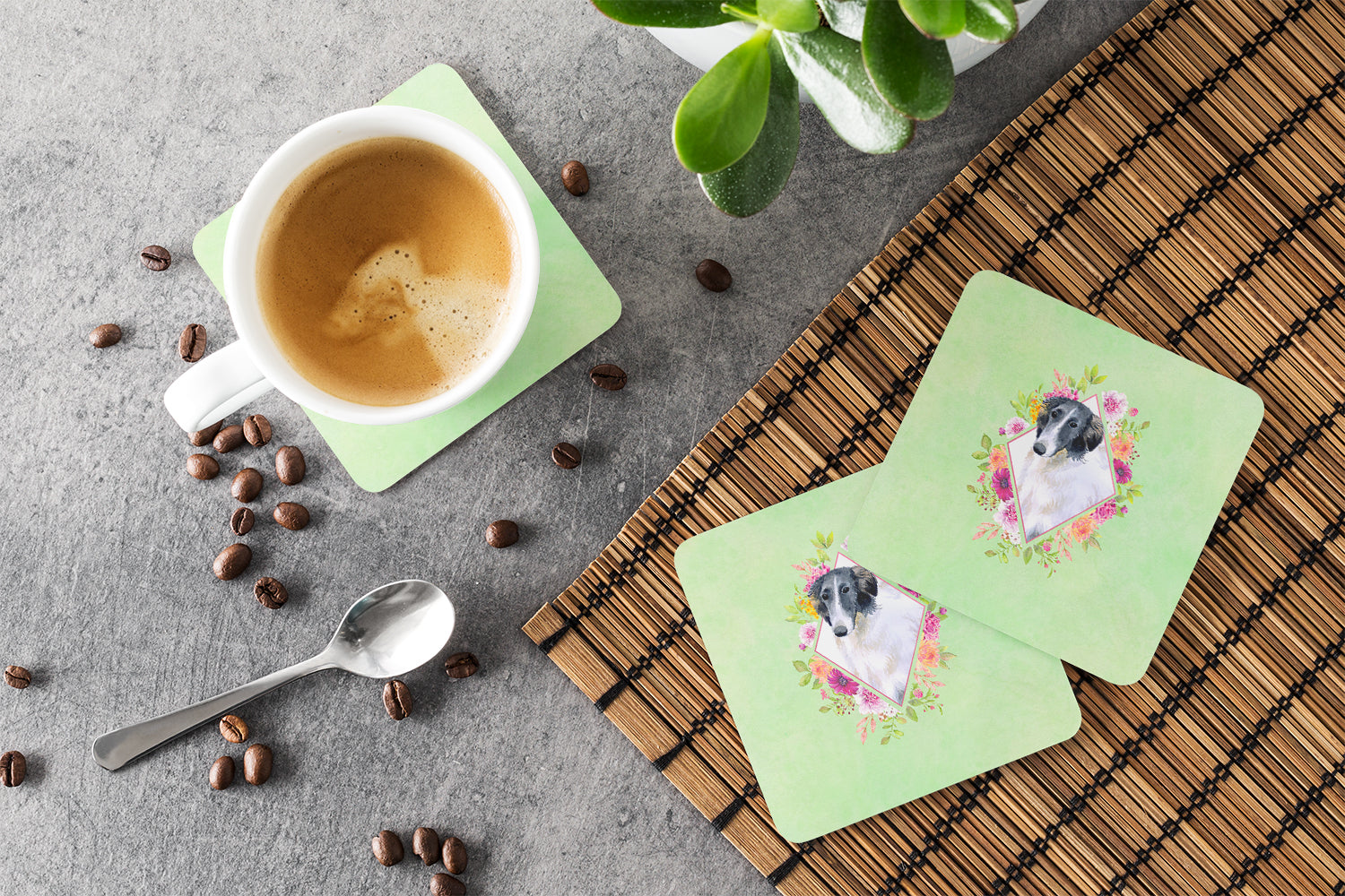 Borzoi Green Flowers Foam Coasters Set of 4 Cup Coasters for Indoor Outdoor, Tabletop Protection, Anti Slip, Mouse pad Material