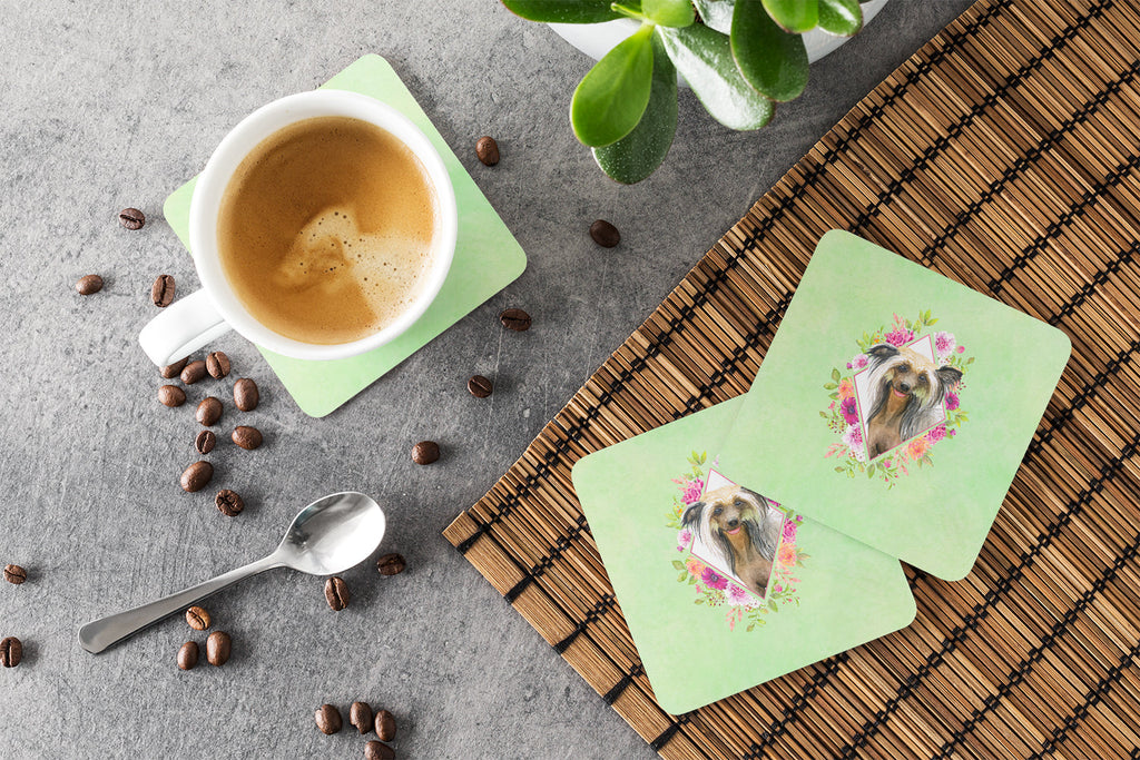 Chinese Crested Green Flowers Foam Coasters Set of 4 Cup Coasters for Indoor Outdoor, Tabletop Protection, Anti Slip, Mouse pad Material