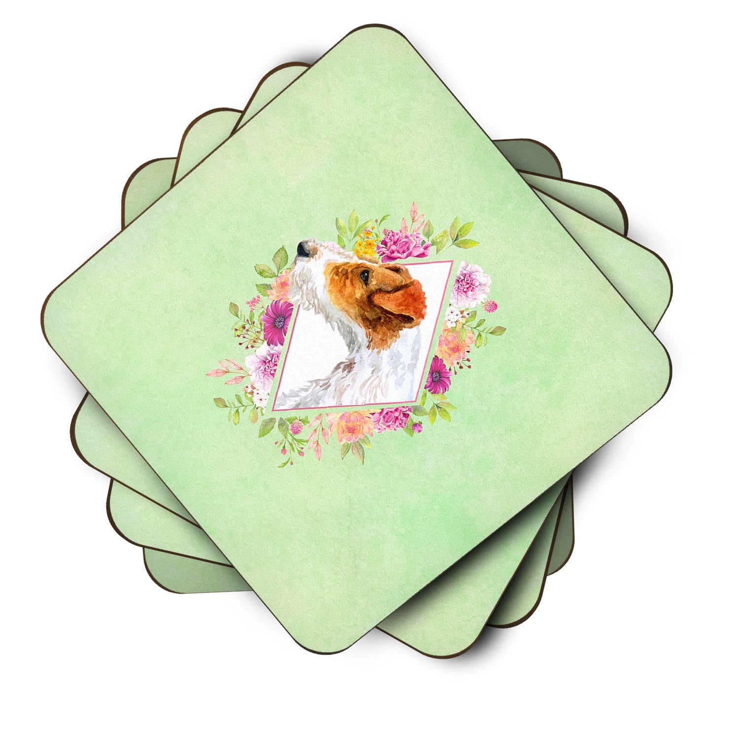 Jack Russell Terrier #2 Green Flowers Foam Coasters Set of 4 Cup Coasters for Indoor Outdoor, Tabletop Protection, Anti Slip, Mouse pad Material