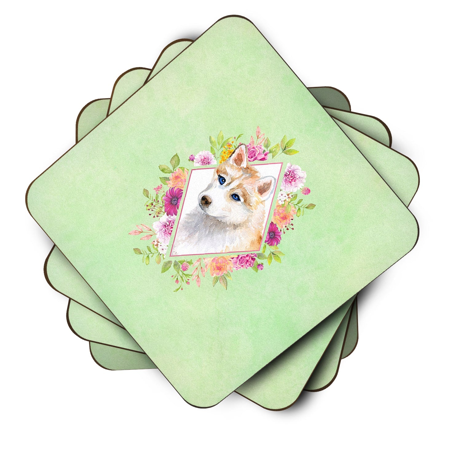 Red Siberian Husky Green Flowers Foam Coasters Set of 4 Cup Coasters for Indoor Outdoor, Tabletop Protection, Anti Slip, Mouse pad Material