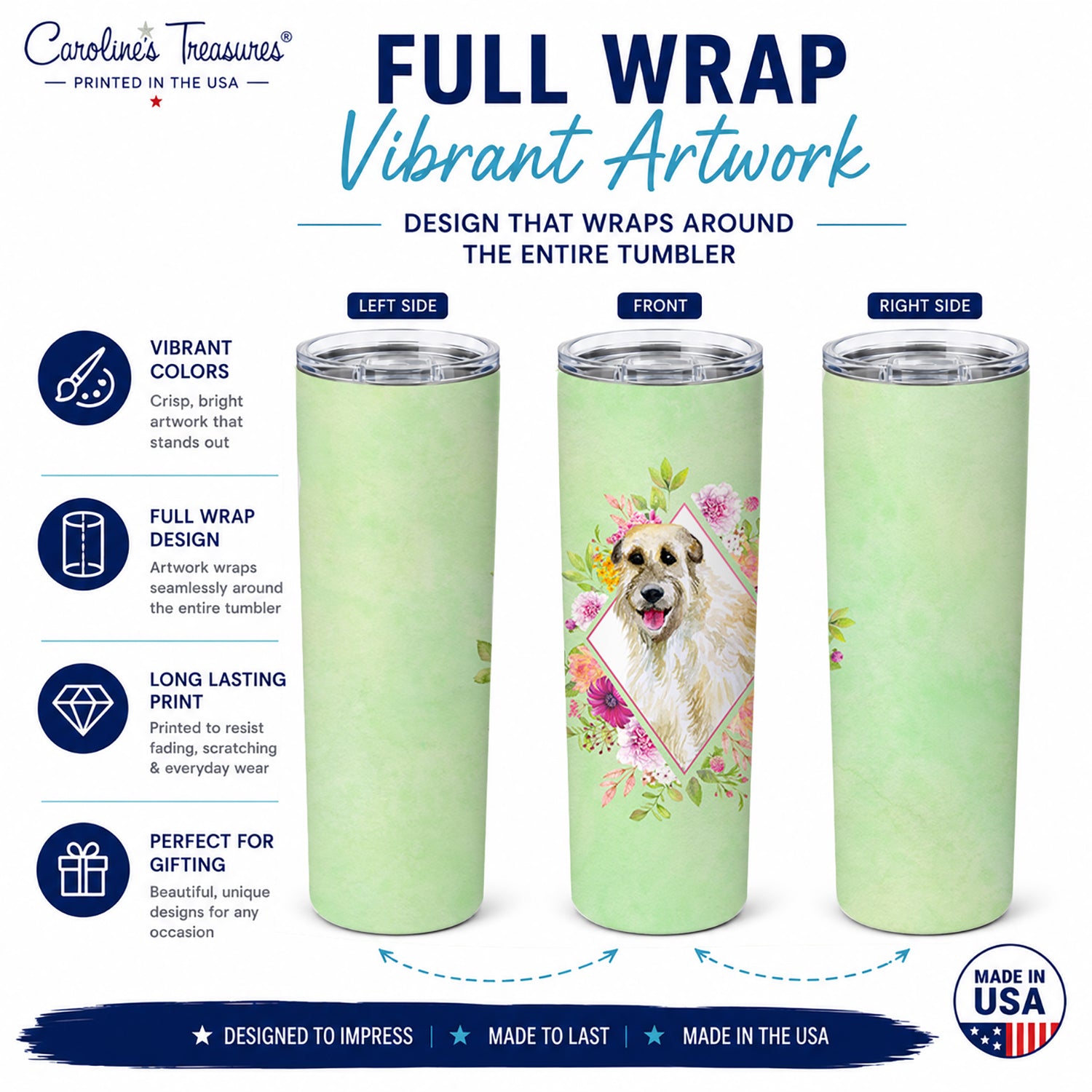 Irish Wolfhound Green Flowers Stainless Steel Skinny Tumbler 20 oz Vacuum Double Walled Reusable Insulated Travel Cup