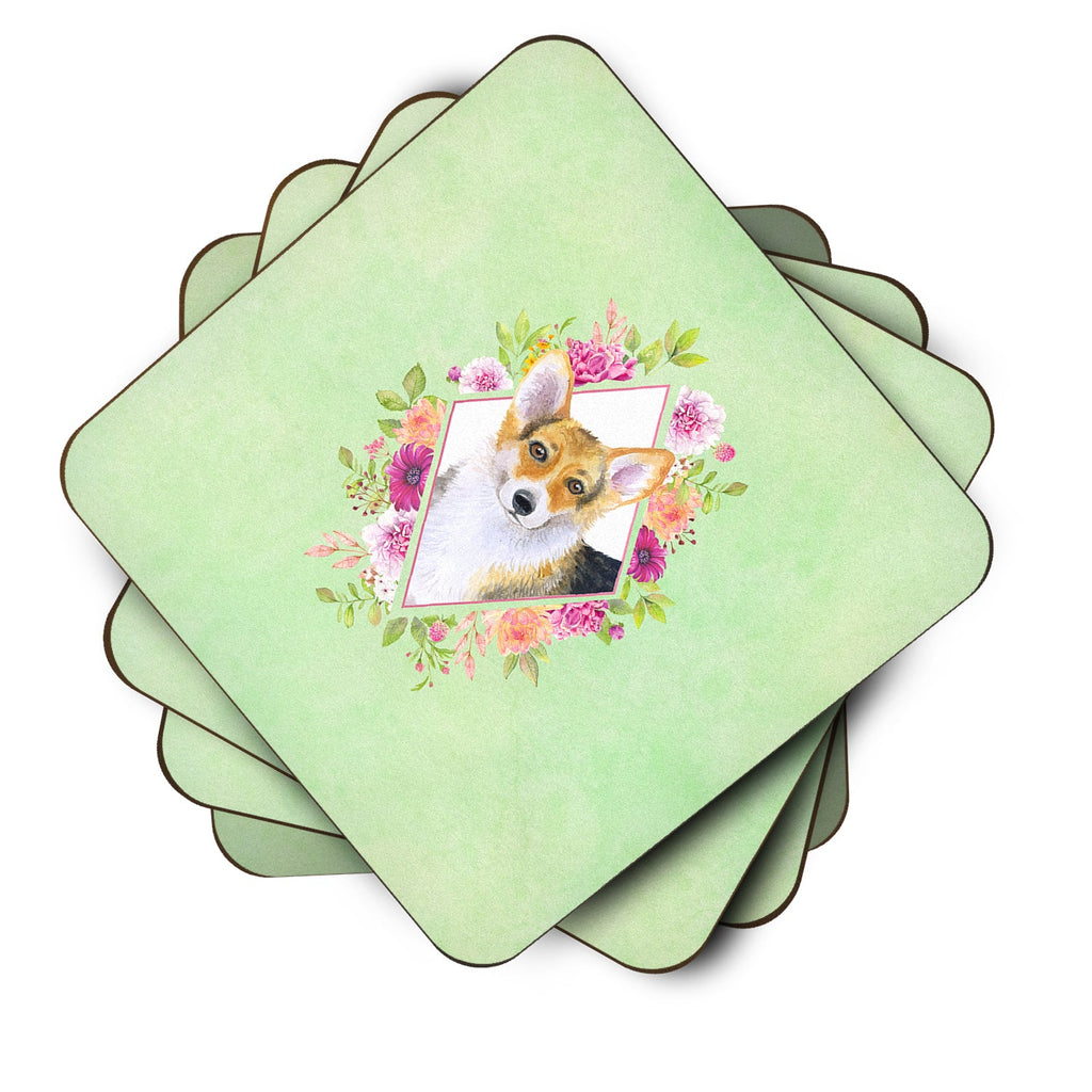 Corgi Green Flowers Foam Coasters Set of 4 Cup Coasters for Indoor Outdoor, Tabletop Protection, Anti Slip, Mouse pad Material