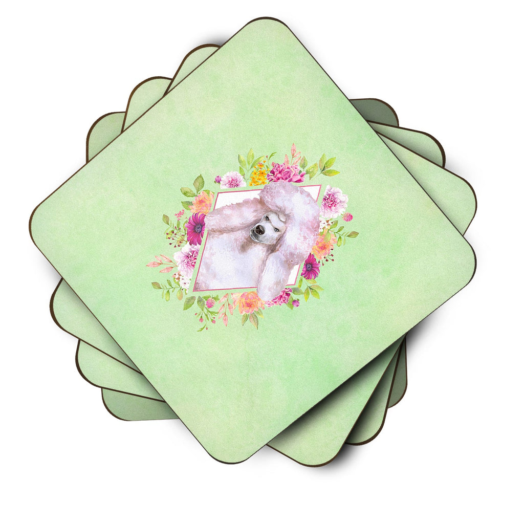 Standard White Poodle Green Flowers Foam Coasters Set of 4 Cup Coasters for Indoor Outdoor, Tabletop Protection, Anti Slip, Mouse pad Material