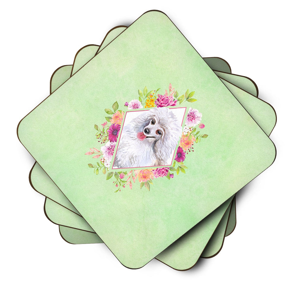 White Mini Poodle Green Flowers Foam Coasters Set of 4 Cup Coasters for Indoor Outdoor, Tabletop Protection, Anti Slip, Mouse pad Material