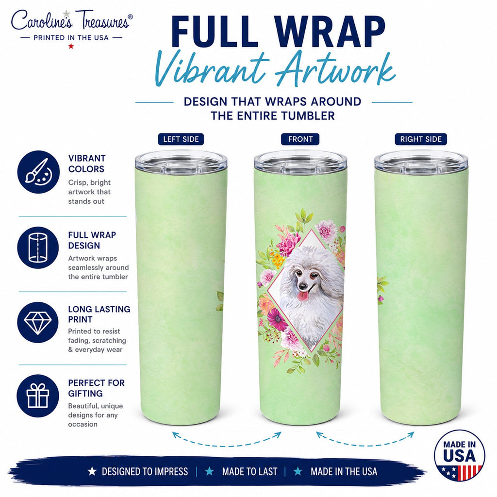 White Mini Poodle Green Flowers Stainless Steel Skinny Tumbler 20 oz Vacuum Double Walled Reusable Insulated Travel Cup