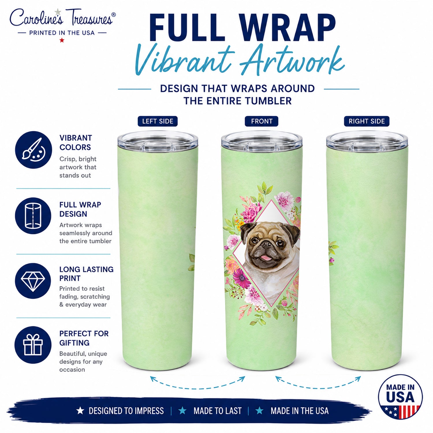 Fawn Pug Green Flowers Stainless Steel Skinny Tumbler 20 oz Vacuum Double Walled Reusable Insulated Travel Cup
