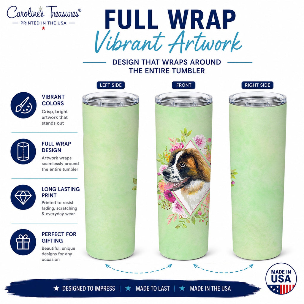Saint Bernard #2 Green Flowers Stainless Steel Skinny Tumbler 20 oz Vacuum Double Walled Reusable Insulated Travel Cup