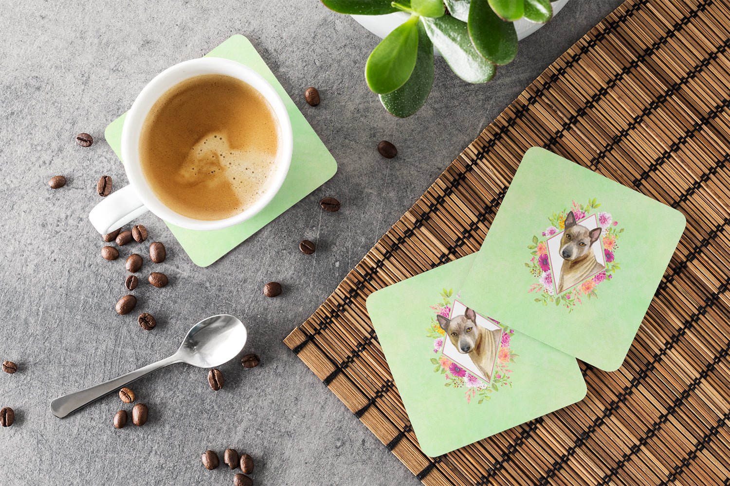 Thai Ridgeback Green Flowers Foam Coasters Set of 4 Cup Coasters for Indoor Outdoor, Tabletop Protection, Anti Slip, Mouse pad Material