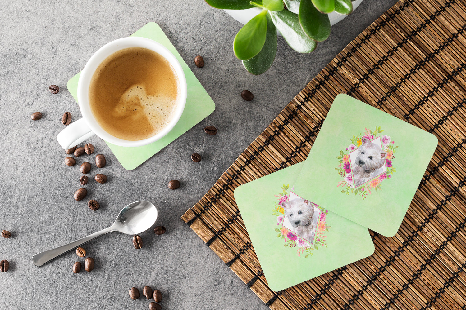 West Highland White Terrier Green Flowers Foam Coasters Set of 4 Cup Coasters for Indoor Outdoor, Tabletop Protection, Anti Slip, Mouse pad Material