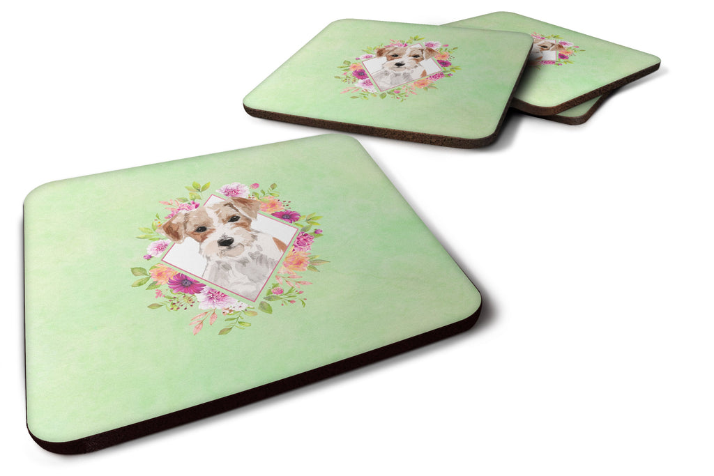 Jack Russell Terrier Green Flowers Foam Coasters Set of 4 Cup Coasters for Indoor Outdoor, Tabletop Protection, Anti Slip, Mouse pad Material