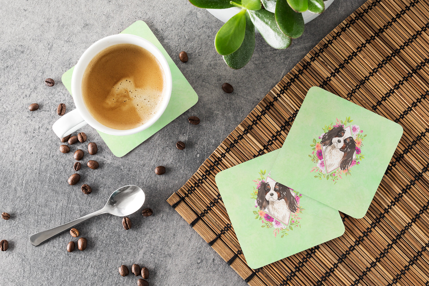 Tricolor Cavalier Spaniel Green Flowers Foam Coasters Set of 4 Cup Coasters for Indoor Outdoor, Tabletop Protection, Anti Slip, Mouse pad Material