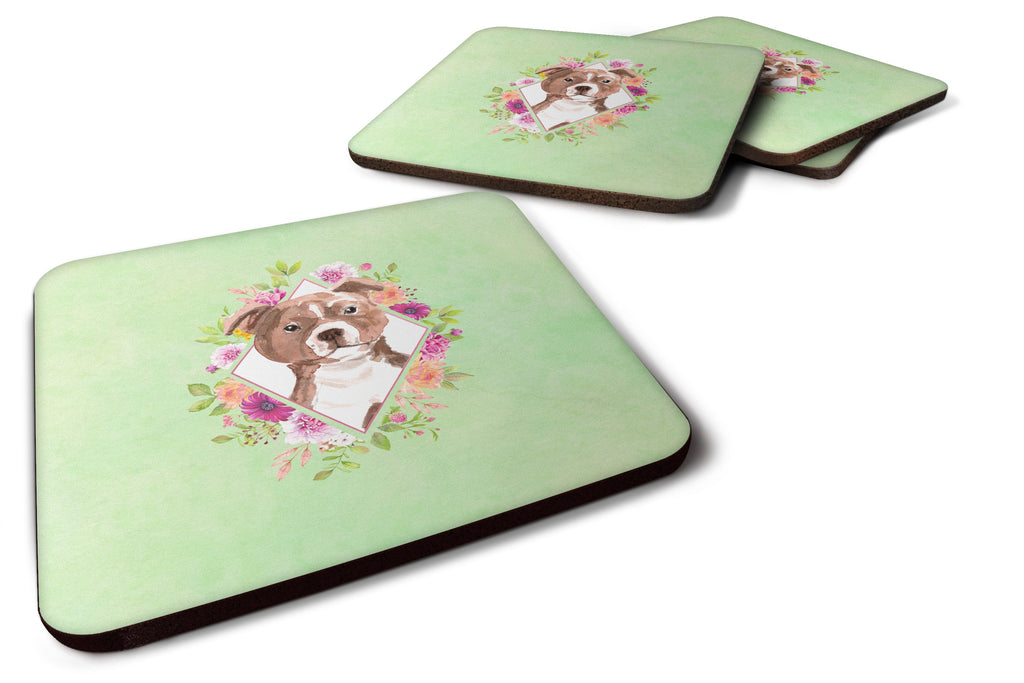 Staffie Bull Terrier Green Flowers Foam Coasters Set of 4 Cup Coasters for Indoor Outdoor, Tabletop Protection, Anti Slip, Mouse pad Material