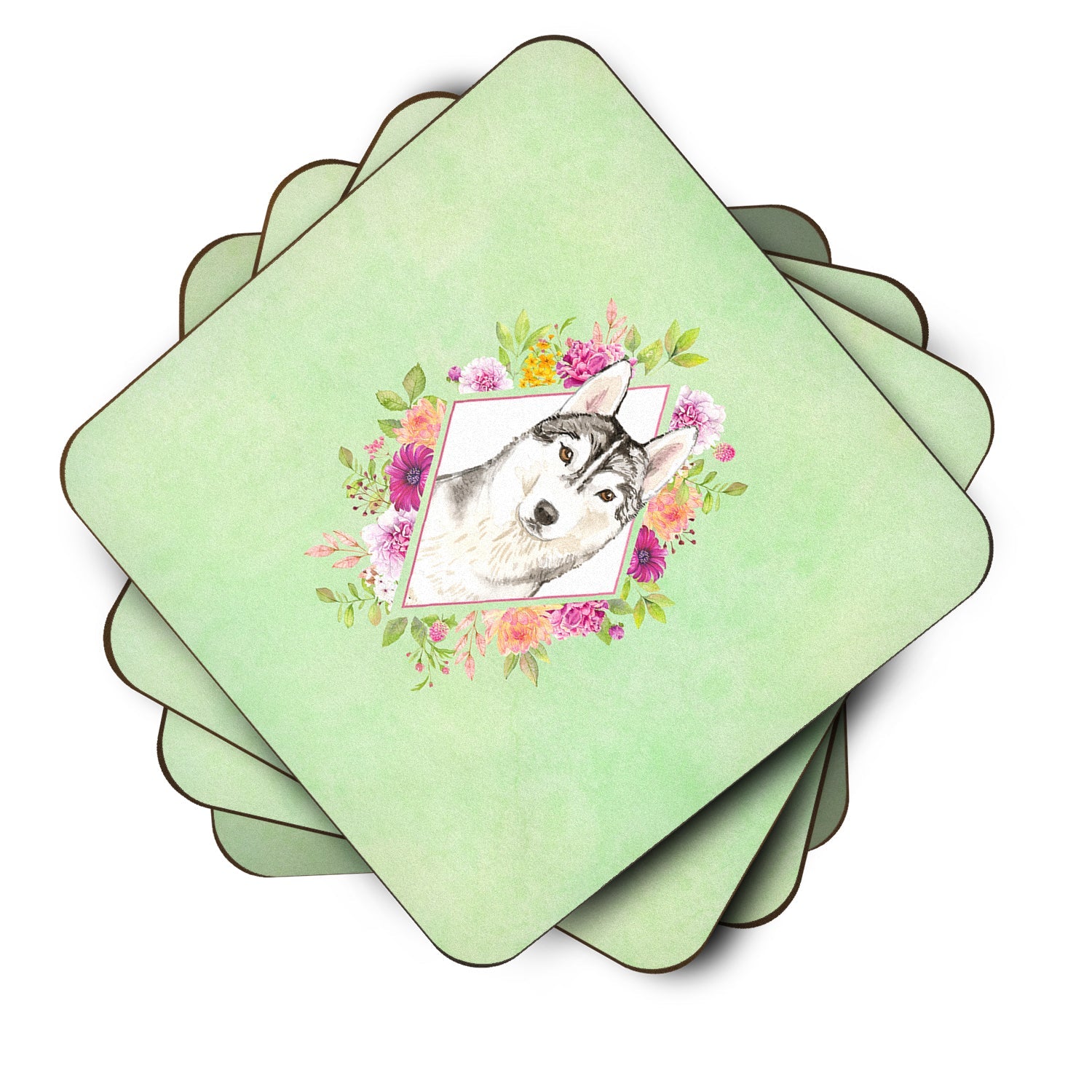 Siberian Husky Green Flowers Foam Coasters Set of 4 Cup Coasters for Indoor Outdoor, Tabletop Protection, Anti Slip, Mouse pad Material