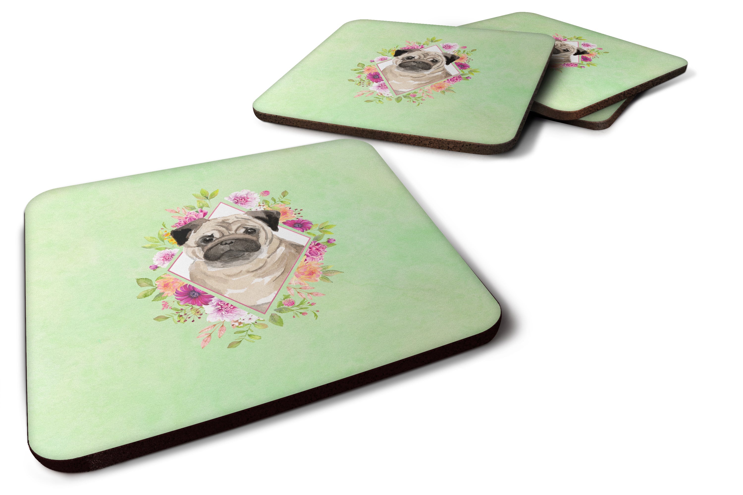 Fawn Pug Green Flowers Foam Coasters Set of 4 Cup Coasters for Indoor Outdoor, Tabletop Protection, Anti Slip, Mouse pad Material