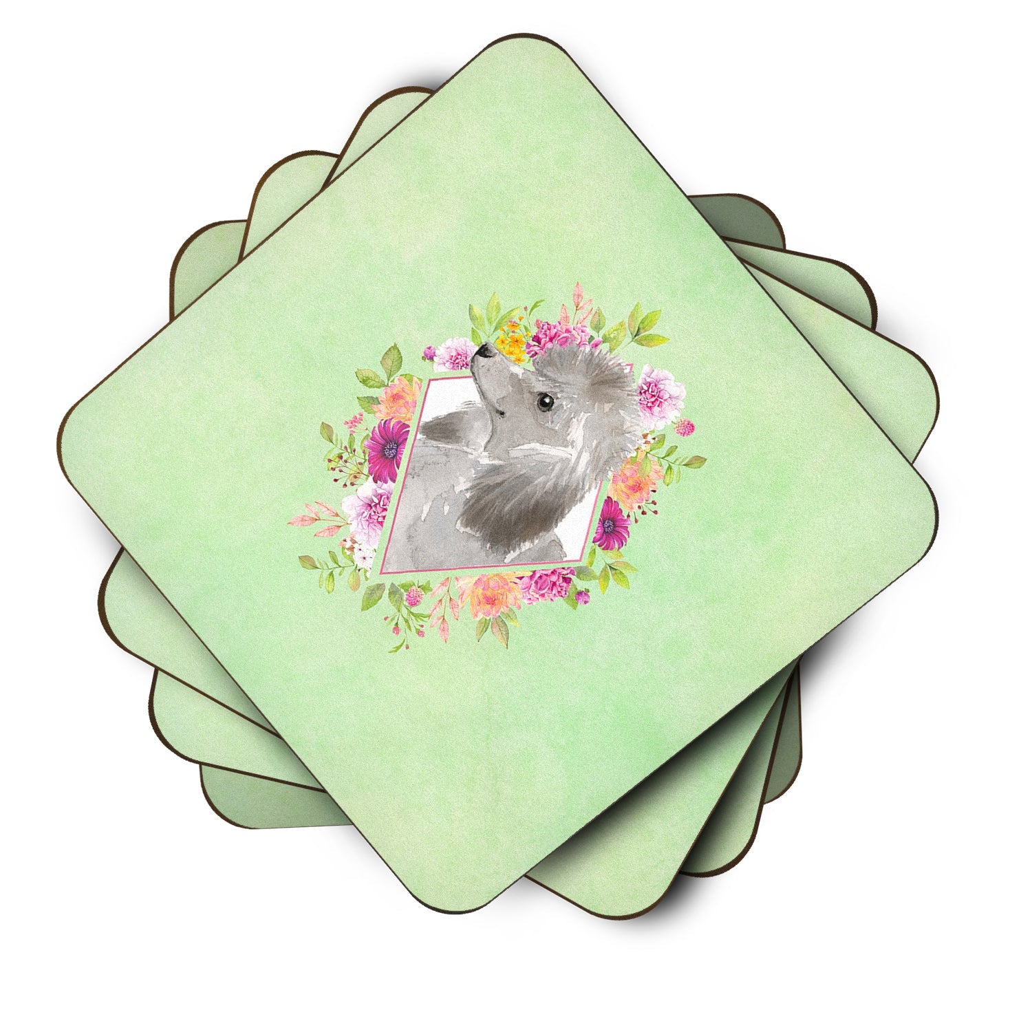 Grey Standard Poodle Green Flowers Foam Coasters Set of 4 Cup Coasters for Indoor Outdoor, Tabletop Protection, Anti Slip, Mouse pad Material