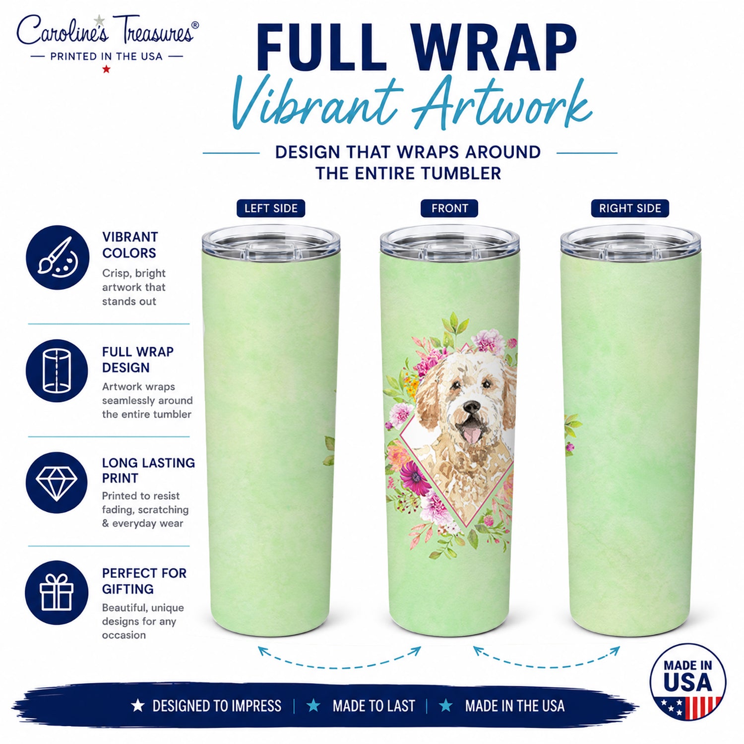 Goldendoodle Green Flowers Stainless Steel Skinny Tumbler 20 oz Vacuum Double Walled Reusable Insulated Travel Cup