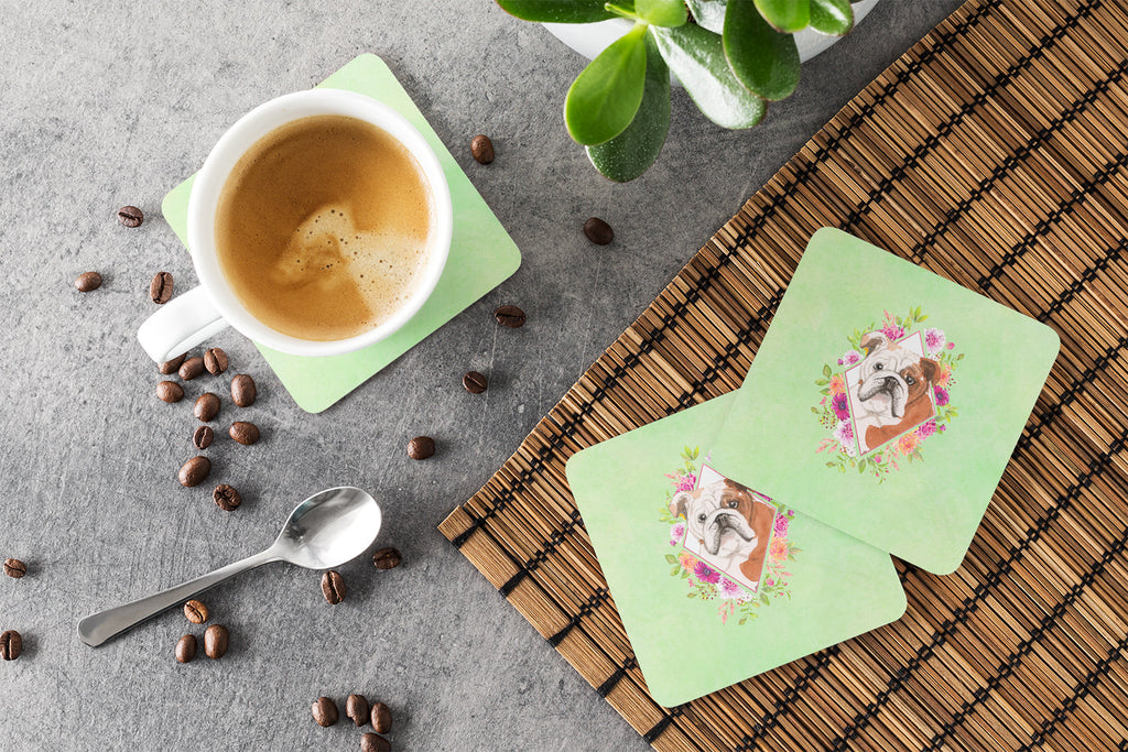 English Bulldog Green Flowers Foam Coasters Set of 4 Cup Coasters for Indoor Outdoor, Tabletop Protection, Anti Slip, Mouse pad Material