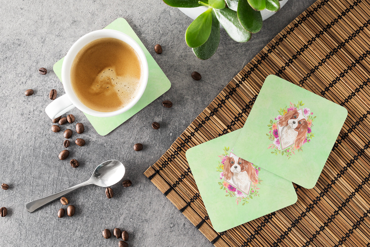 Blenheim Cavalier Spaniel Green Flowers Foam Coasters Set of 4 Cup Coasters for Indoor Outdoor, Tabletop Protection, Anti Slip, Mouse pad Material