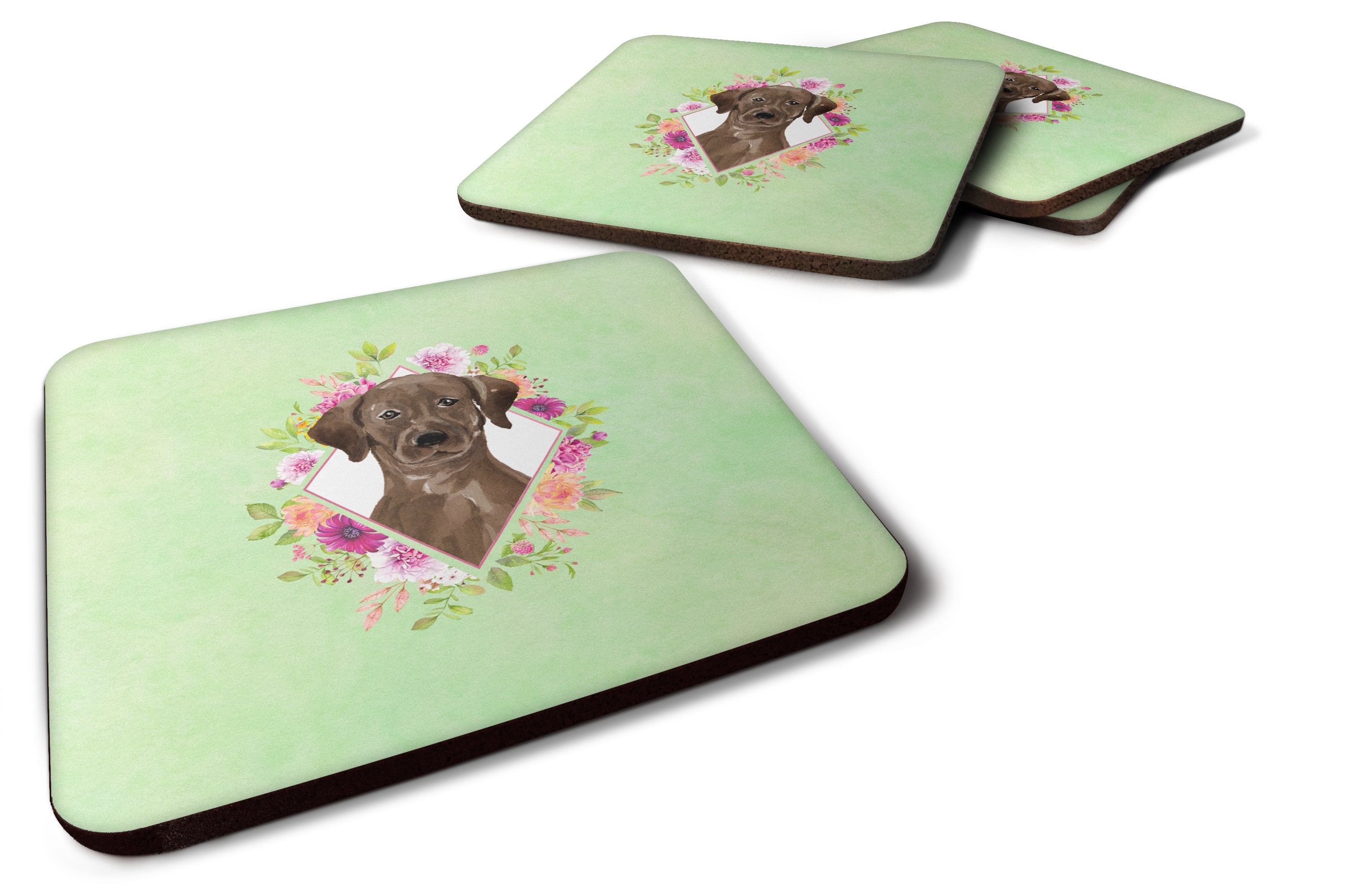Chocolate Labrador Green Flowers Foam Coasters Set of 4 Cup Coasters for Indoor Outdoor, Tabletop Protection, Anti Slip, Mouse pad Material