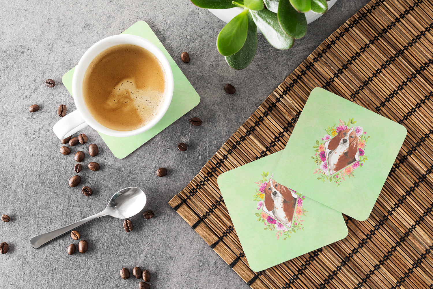 Basset Hound Green Flowers Foam Coasters Set of 4 Cup Coasters for Indoor Outdoor, Tabletop Protection, Anti Slip, Mouse pad Material