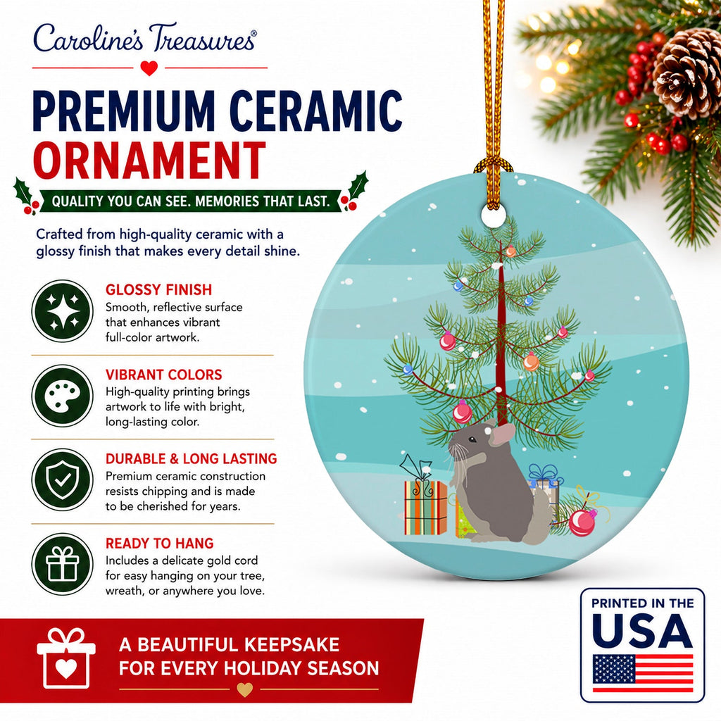 Beige Wellman Chinchilla Merry Christmas Ceramic Ornament Christmas Tree Hanging Decorations for Home Christmas Holiday, Party, Gift, 3 in, Multicolor