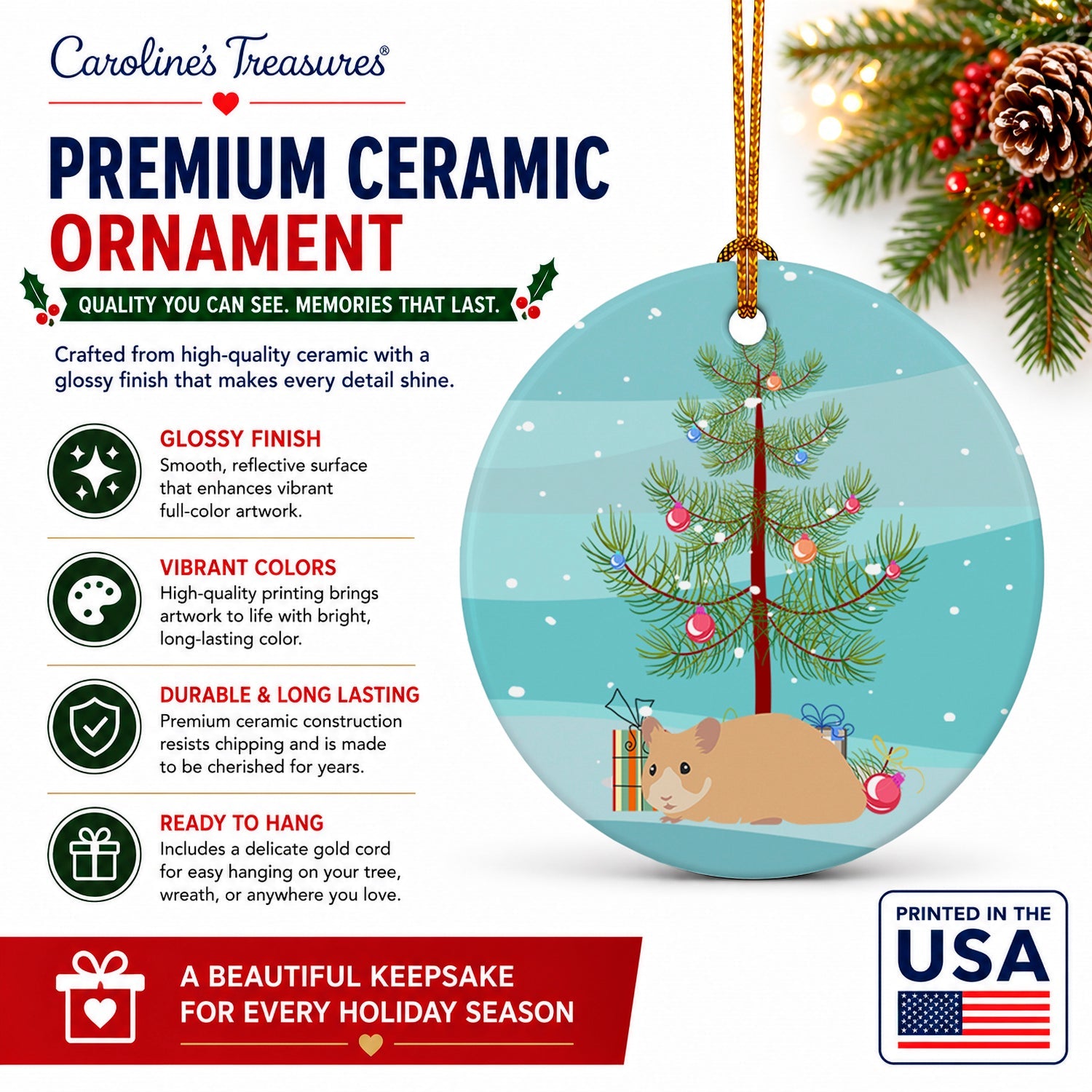 Syrian Golden Hamster Merry Christmas Ceramic Ornament Christmas Tree Hanging Decorations for Home Christmas Holiday, Party, Gift, 3 in, Multicolor