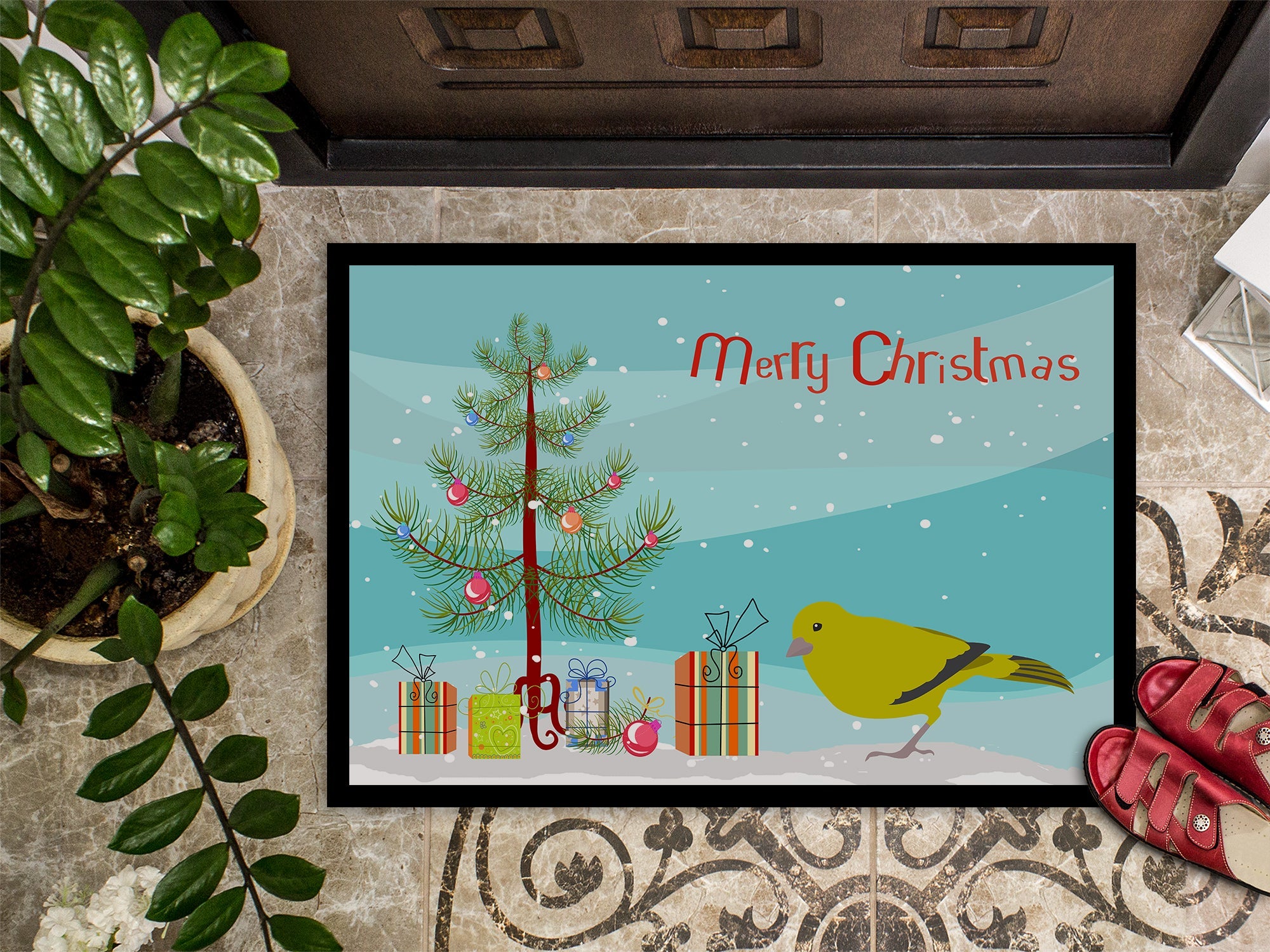 London Canary Merry Christmas Doormat Indoor Outdoor 18H X 27W Front Door Mat Rugs for Entryway, Non Slip Washable