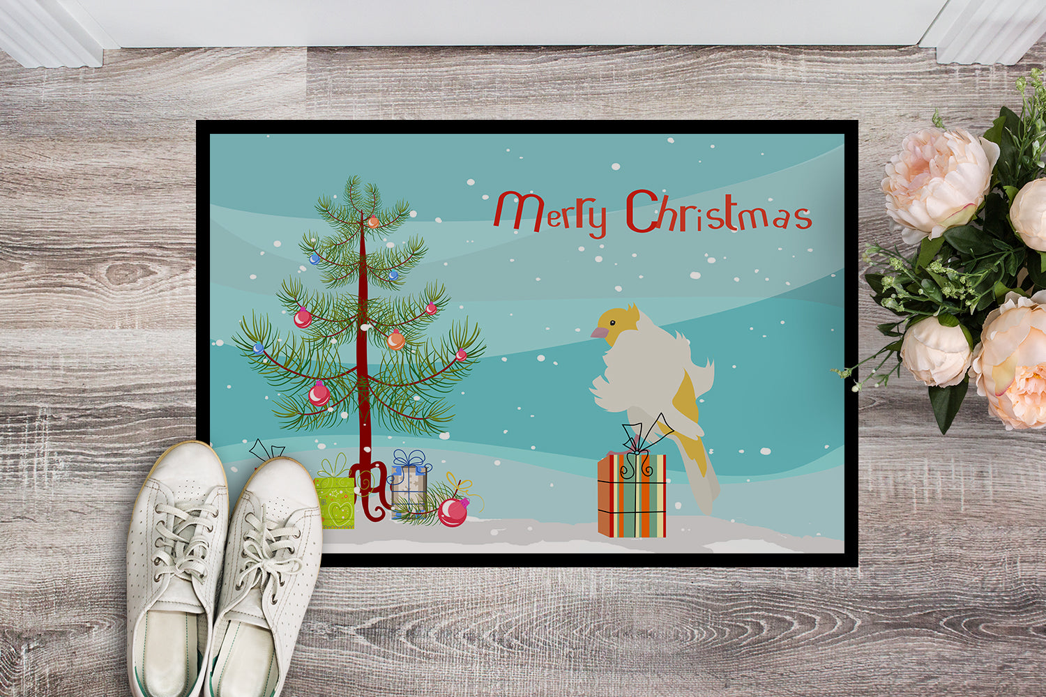 Parisian Trumpeter Canary Merry Christmas Doormat Indoor Outdoor 24H X 36W Front Door Mat Rugs for Entryway, Non Slip Washable Low Pile,