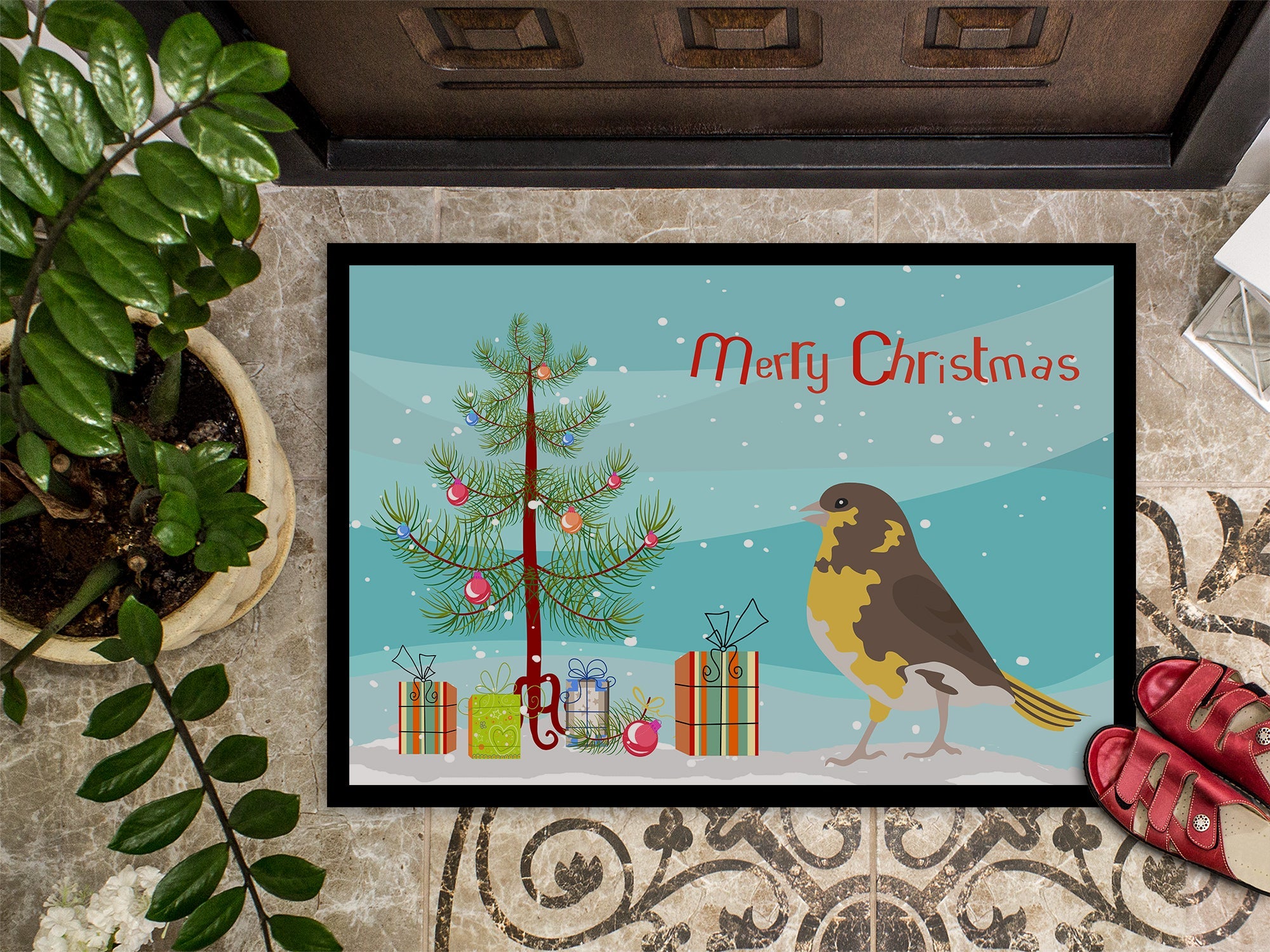 Spanish Canary Merry Christmas Doormat Indoor Outdoor 24H X 36W Front Door Mat Rugs for Entryway, Non Slip Washable Low Pile,