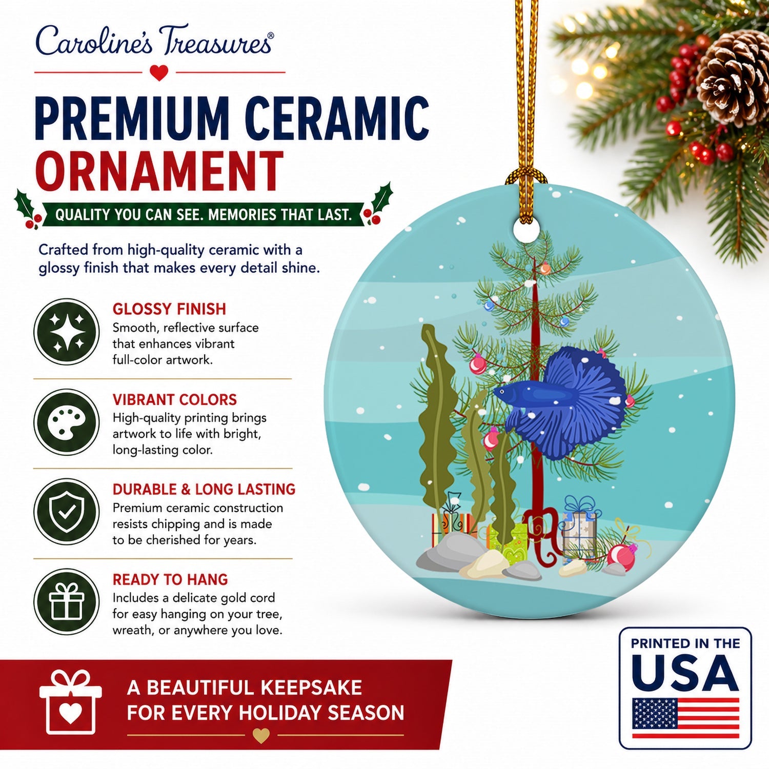Delta Tail Betta Fish Merry Christmas Ceramic Ornament Christmas Tree Hanging Decorations for Home Christmas Holiday, Party, Gift, 3 in, Multicolor