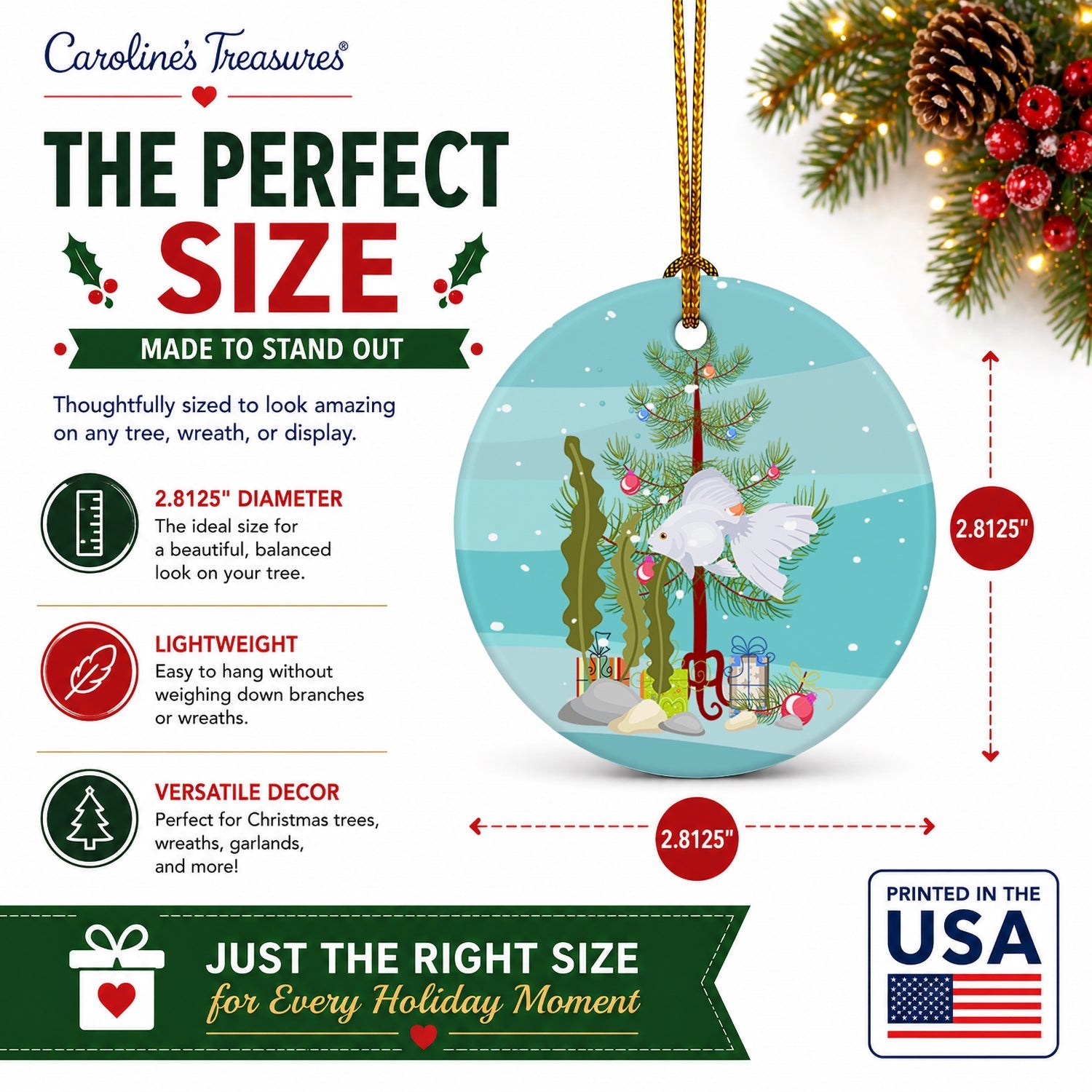 Ryukin Goldfish Merry Christmas Ceramic Ornament Christmas Tree Hanging Decorations for Home Christmas Holiday, Party, Gift, 3 in, Multicolor