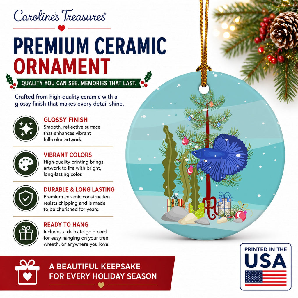 Super Delta Tail Betta Merry Christmas Ceramic Ornament Christmas Tree Hanging Decorations for Home Christmas Holiday, Party, Gift, 3 in, Multicolor